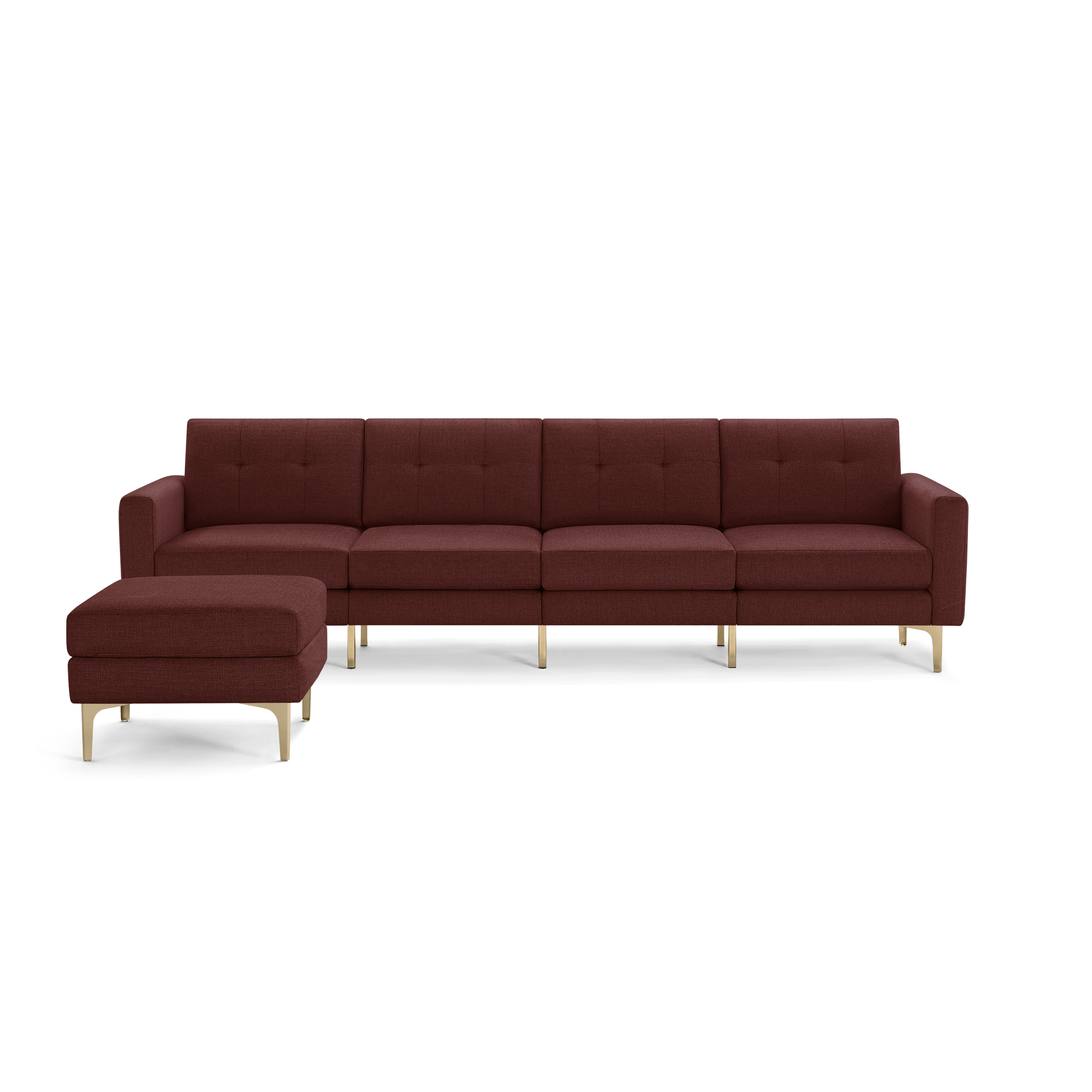 Modern sectional sofa with maroon upholstery, button-tufted back cushions, gold metal legs, and matching ottoman on left side.