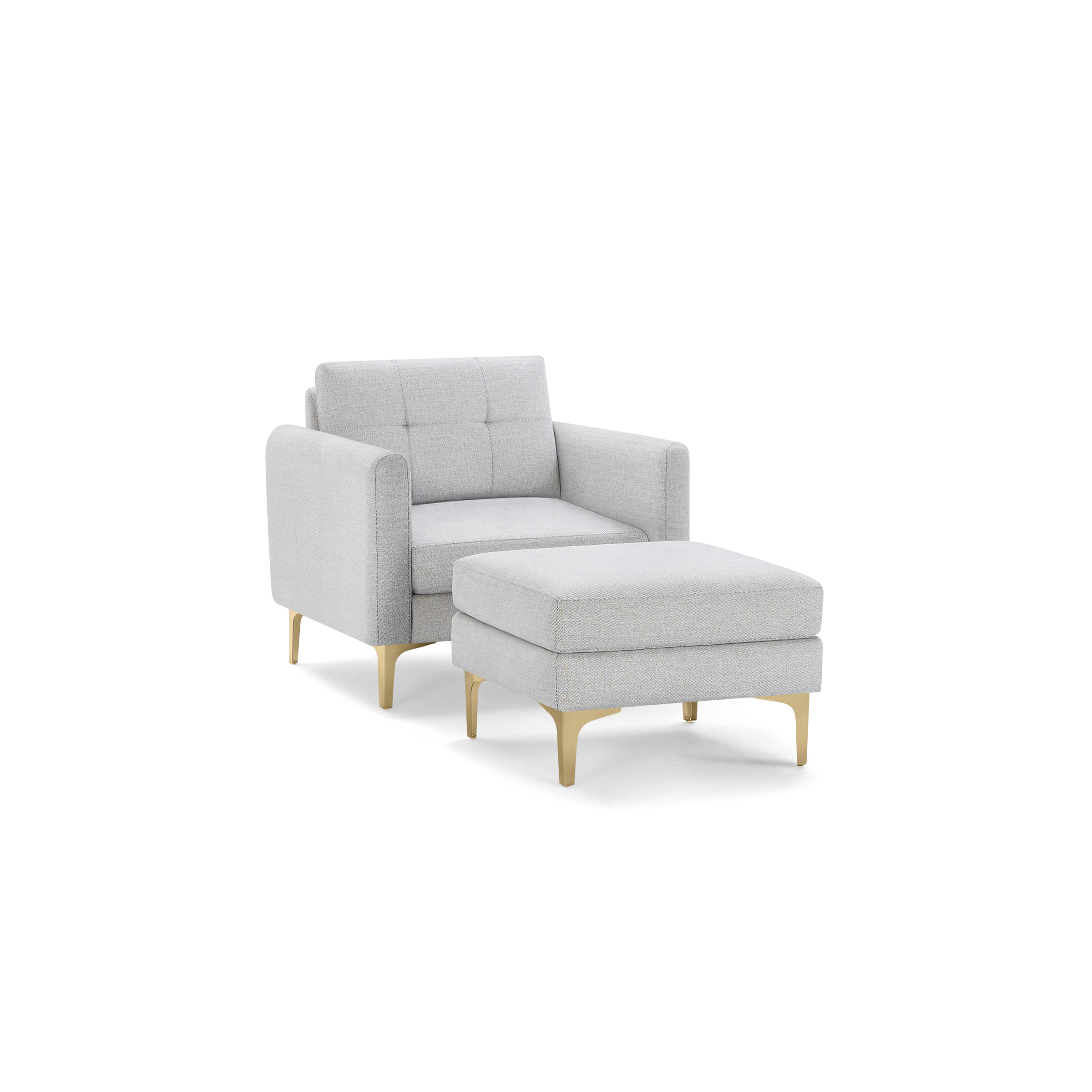 Light gray upholstered armchair and matching ottoman with wooden legs, featuring tufted backrest and cushioned seating.