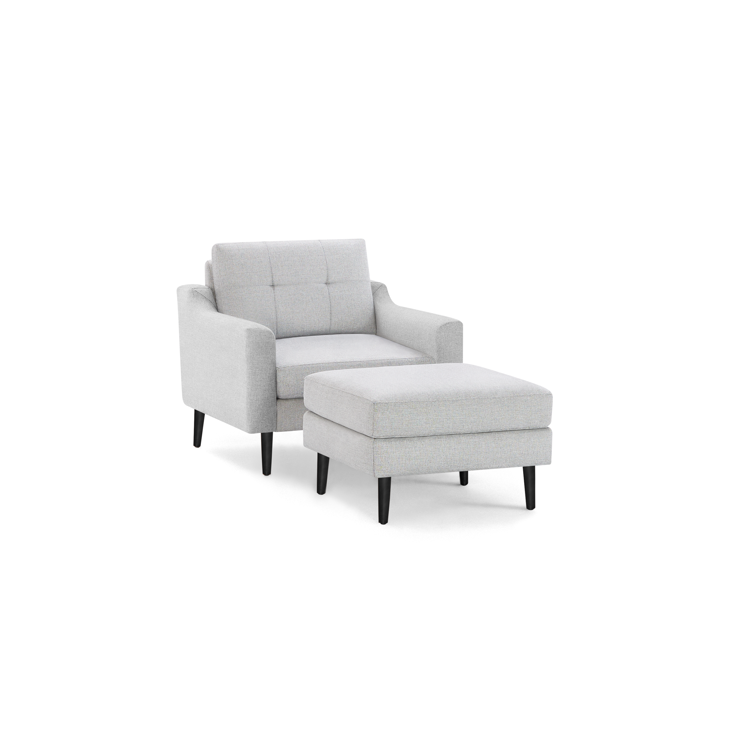 Light gray upholstered armchair with matching ottoman, dark wooden legs, and tufted backrest, contemporary design.
