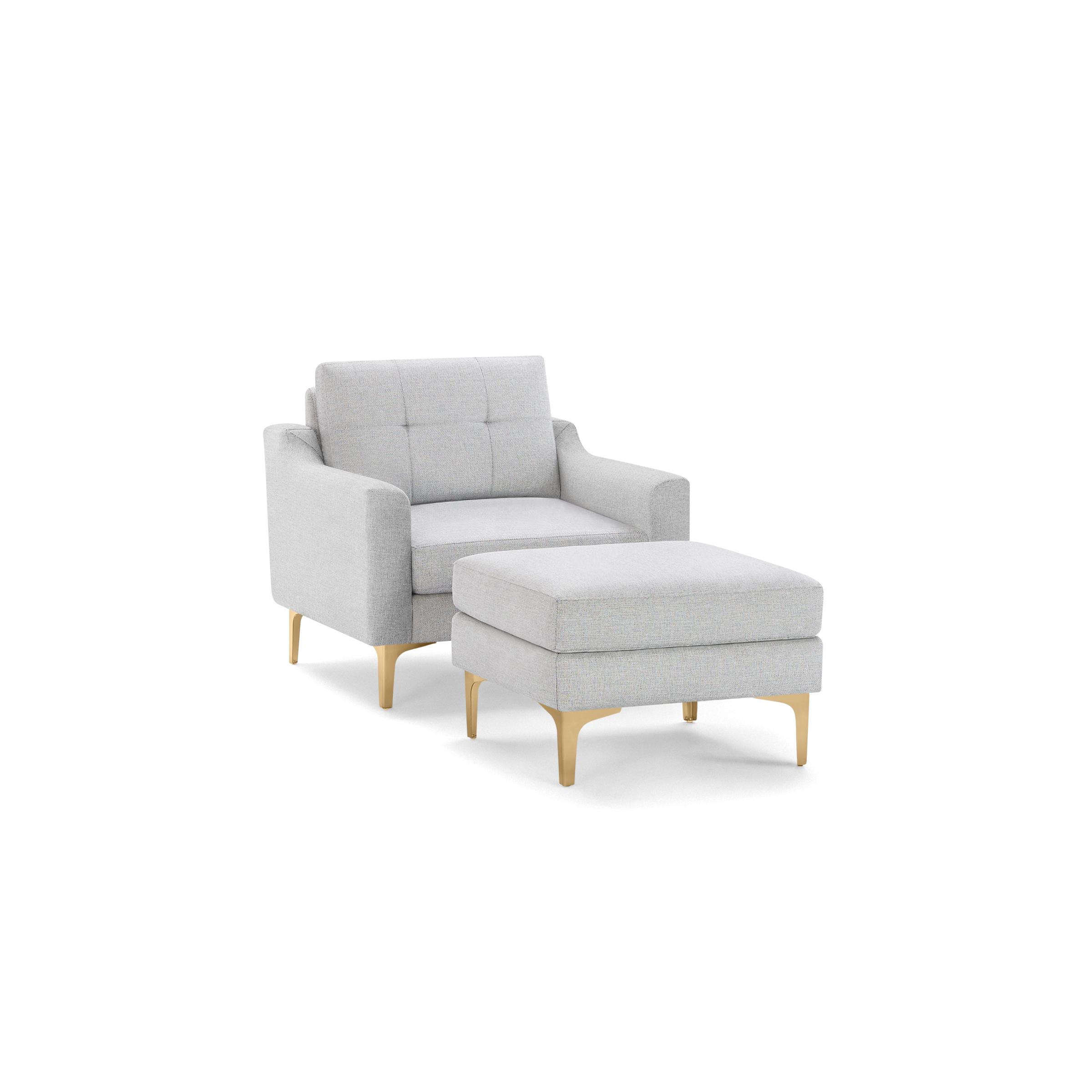 Light gray upholstered armchair with tufted backrest and matching ottoman, featuring wooden legs with a natural finish.