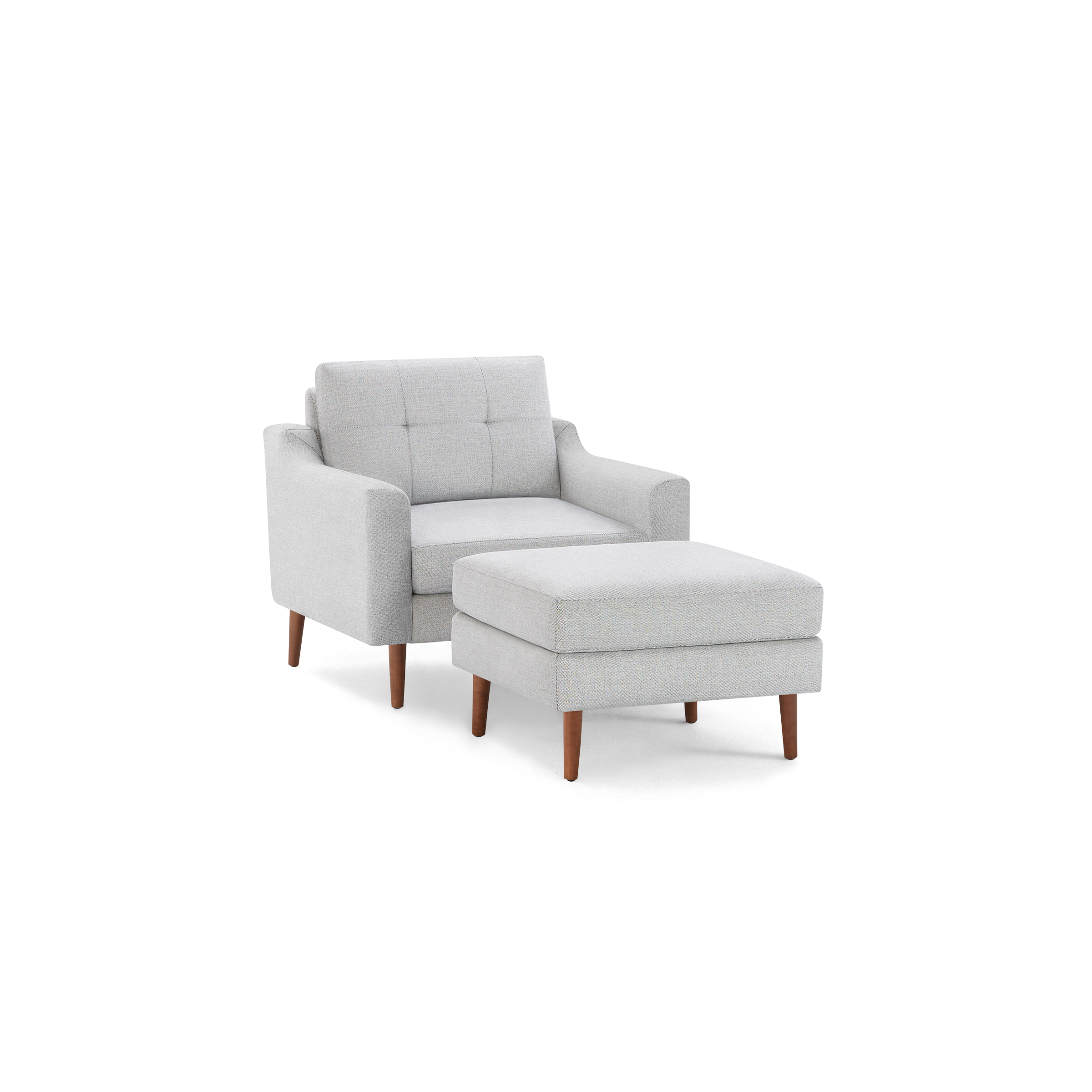Light gray mid-century modern armchair with button-tufted backrest and matching cushioned ottoman, featuring wooden legs.