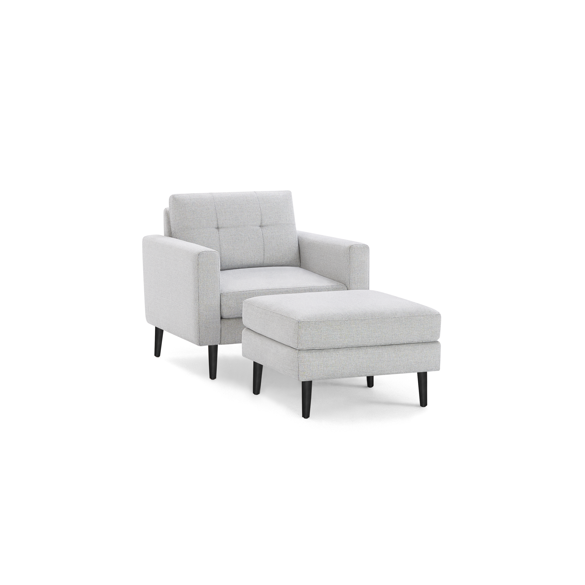 Light gray fabric armchair with matching cushioned ottoman, both featuring black tapered wooden legs.