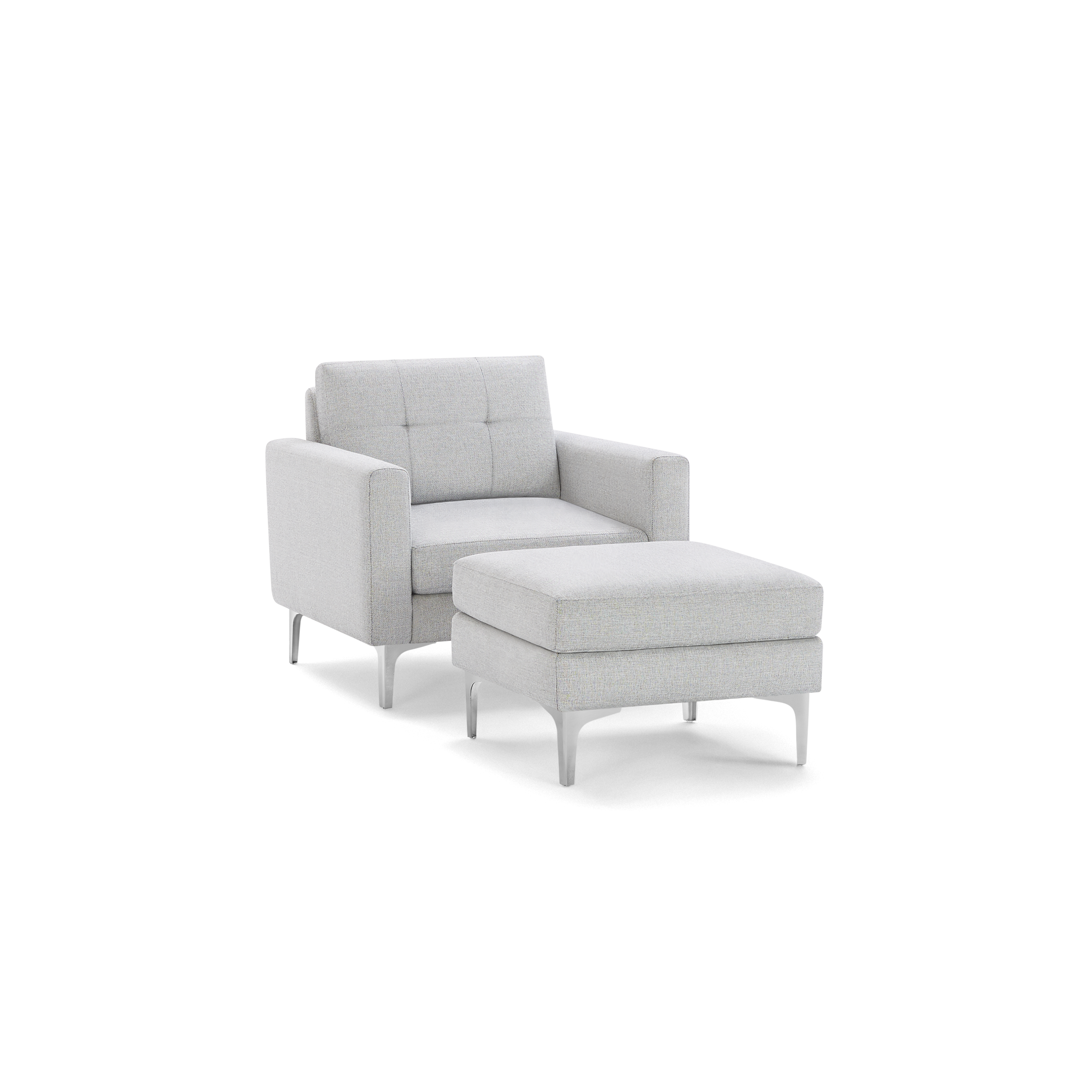 Light gray upholstered armchair with tufted backrest and matching cushioned ottoman on sleek metallic legs.