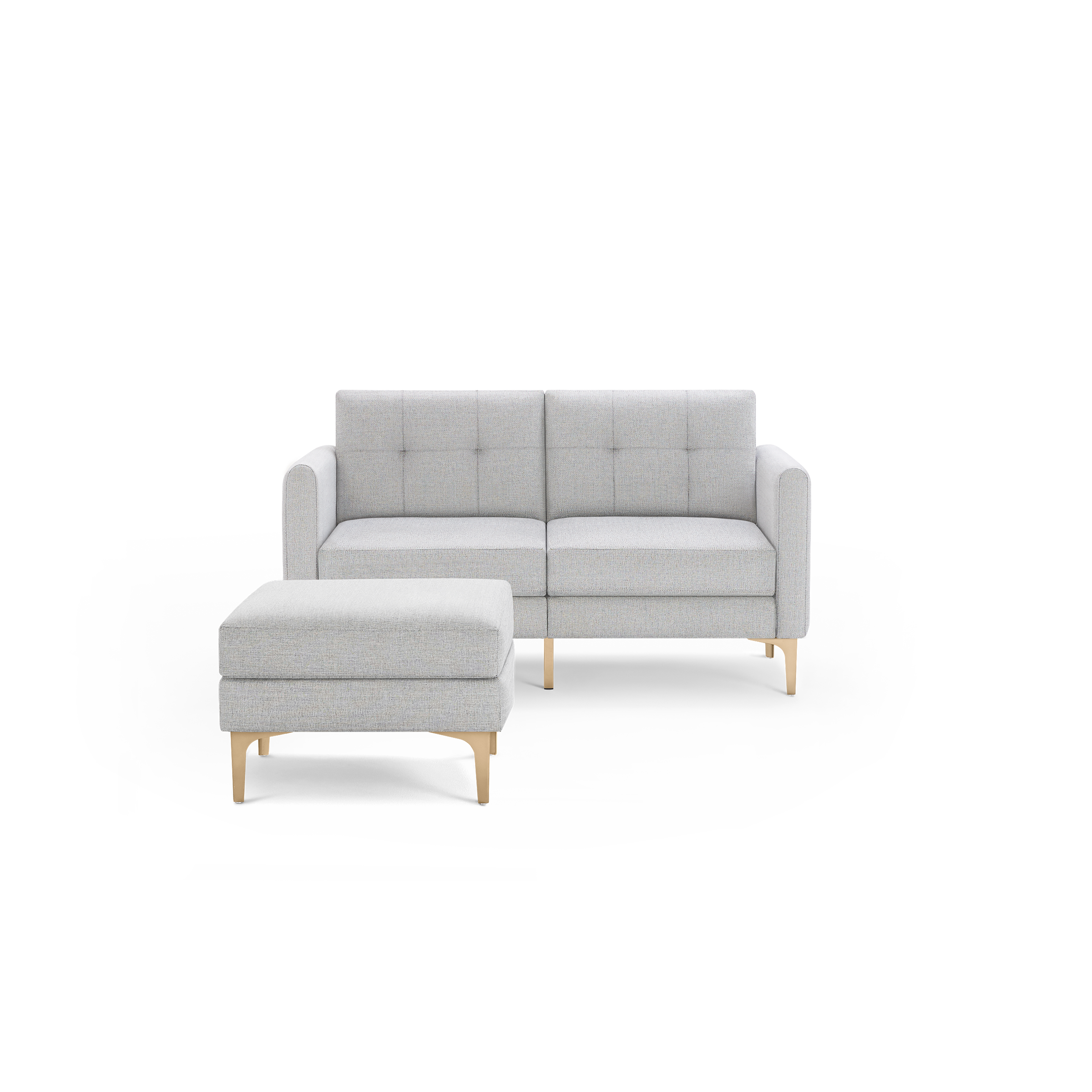 Light gray mid-century modern loveseat with tufted back cushions and matching ottoman, both featuring wooden legs.