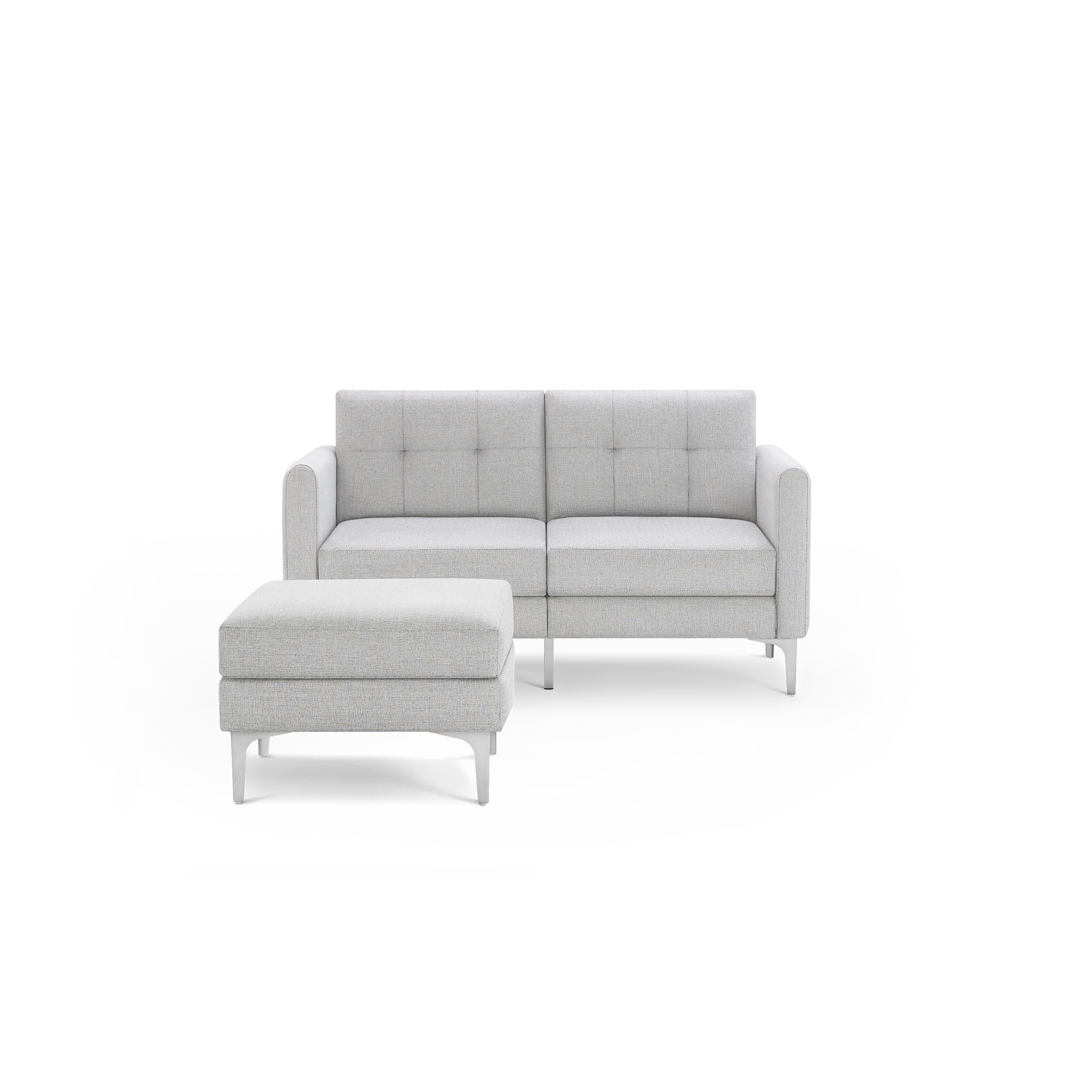 Light gray fabric loveseat with tufted back cushions and matching ottoman, supported by silver metal legs.