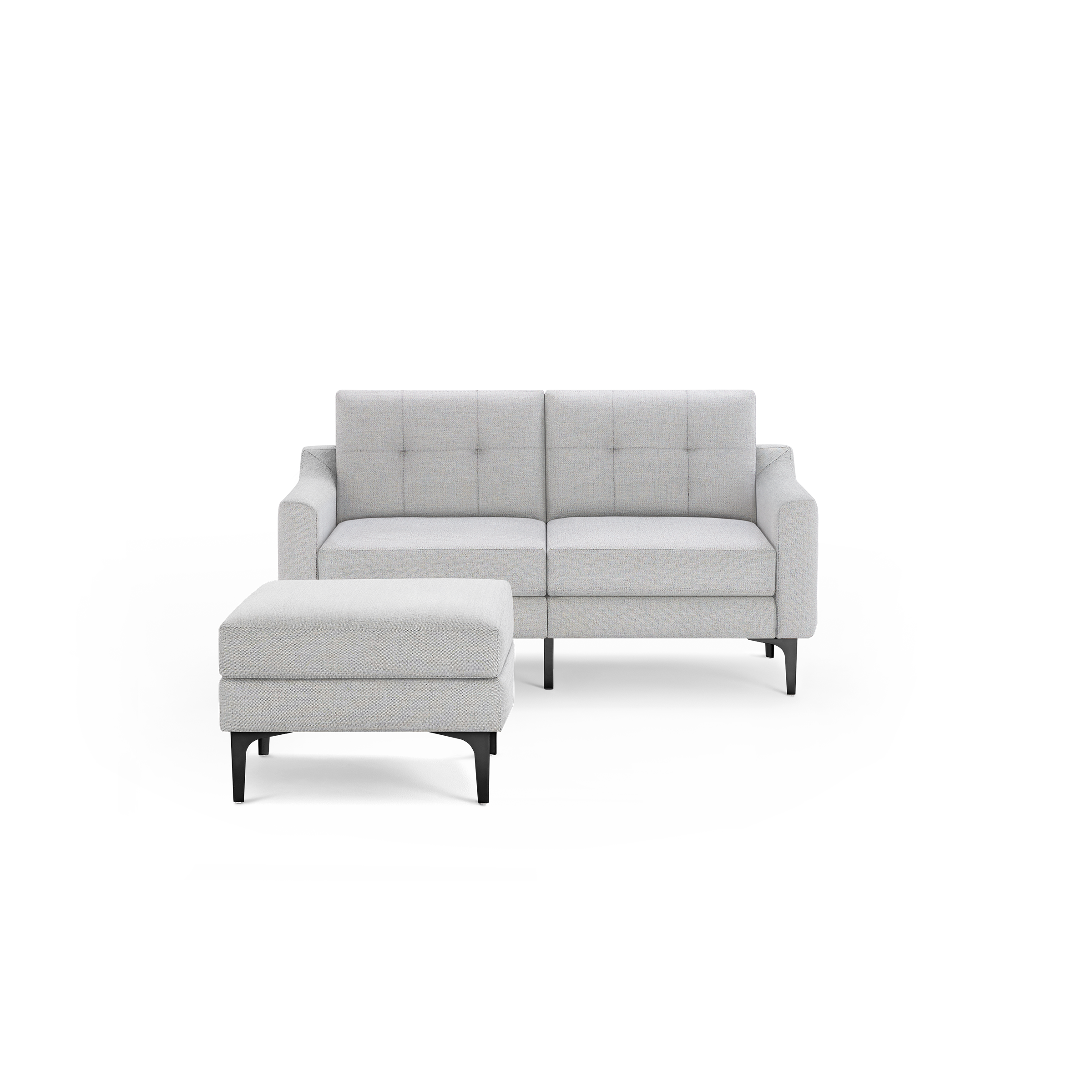 Light gray fabric loveseat with tufted back cushions and matching ottoman, supported by black metal legs.