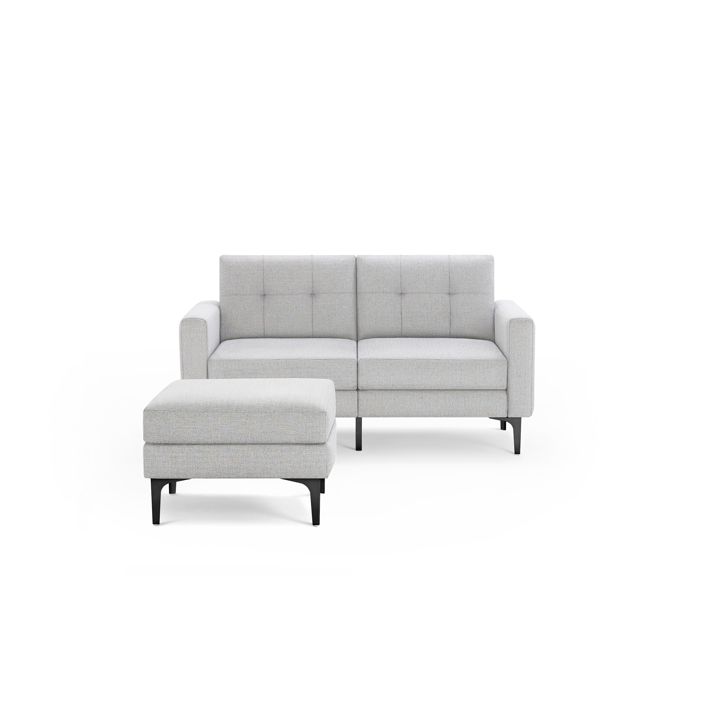 Light gray upholstered two-seater sofa with matching ottoman, featuring tufted cushions and black metal legs.