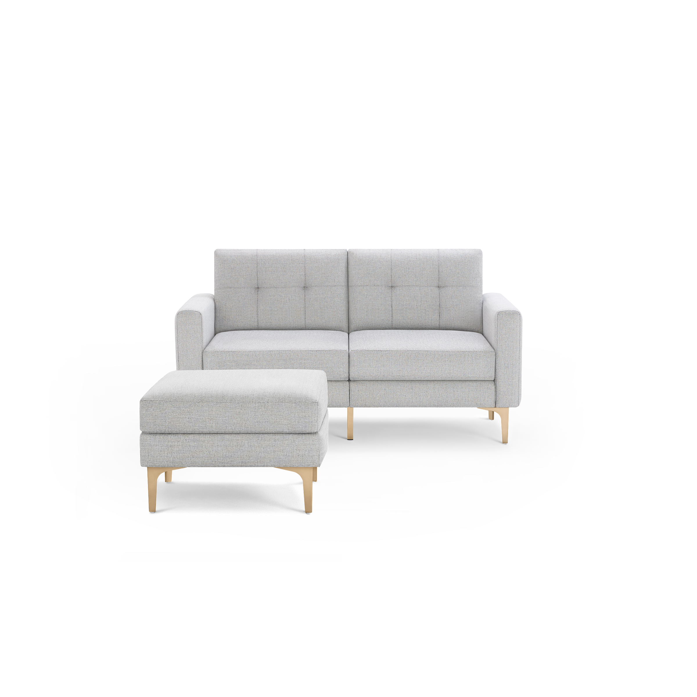 Light gray modern loveseat with tufted back cushions and matching ottoman, featuring wooden angled legs.