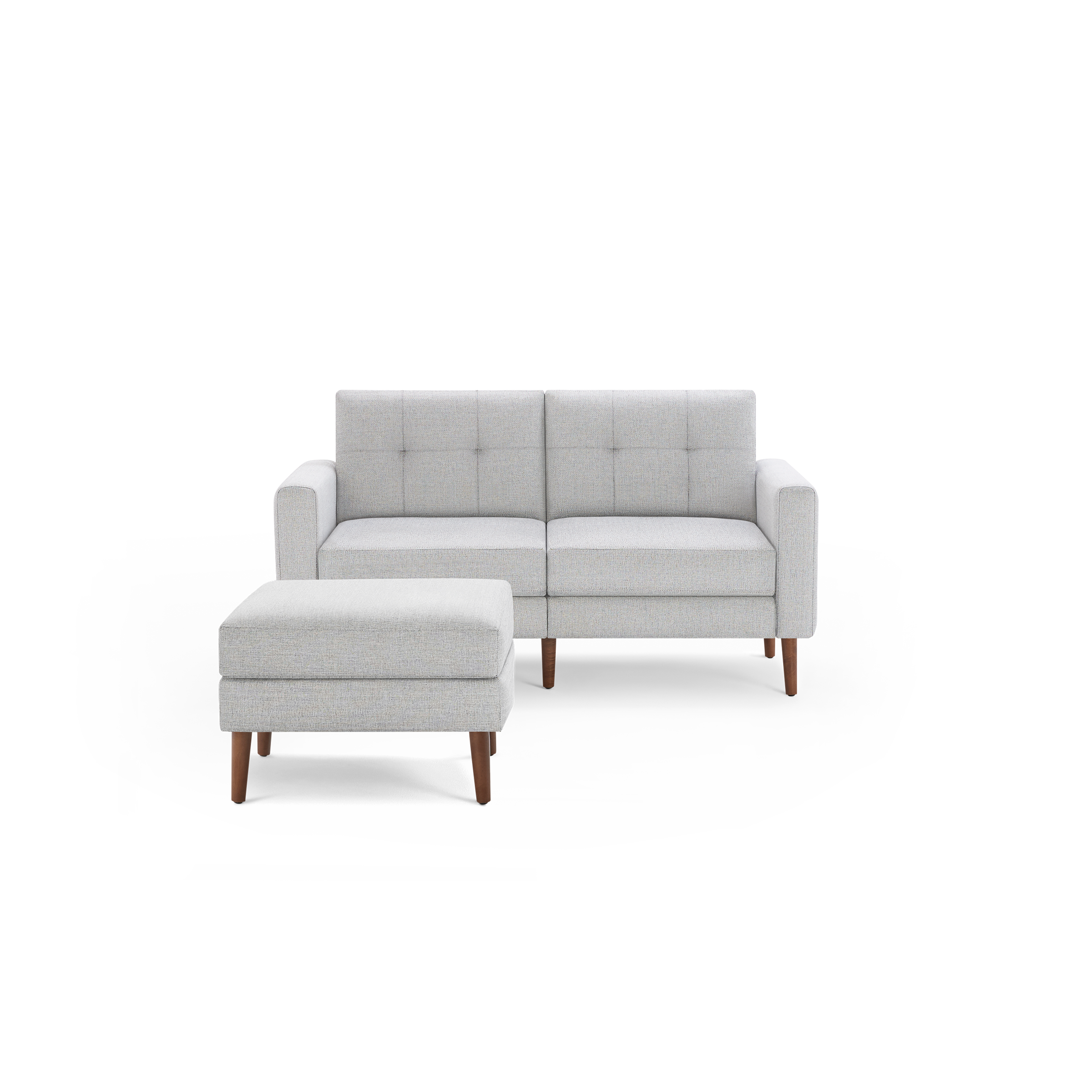 Light gray modern two-seater sofa with tufted back cushions and matching ottoman, featuring wooden tapered legs.