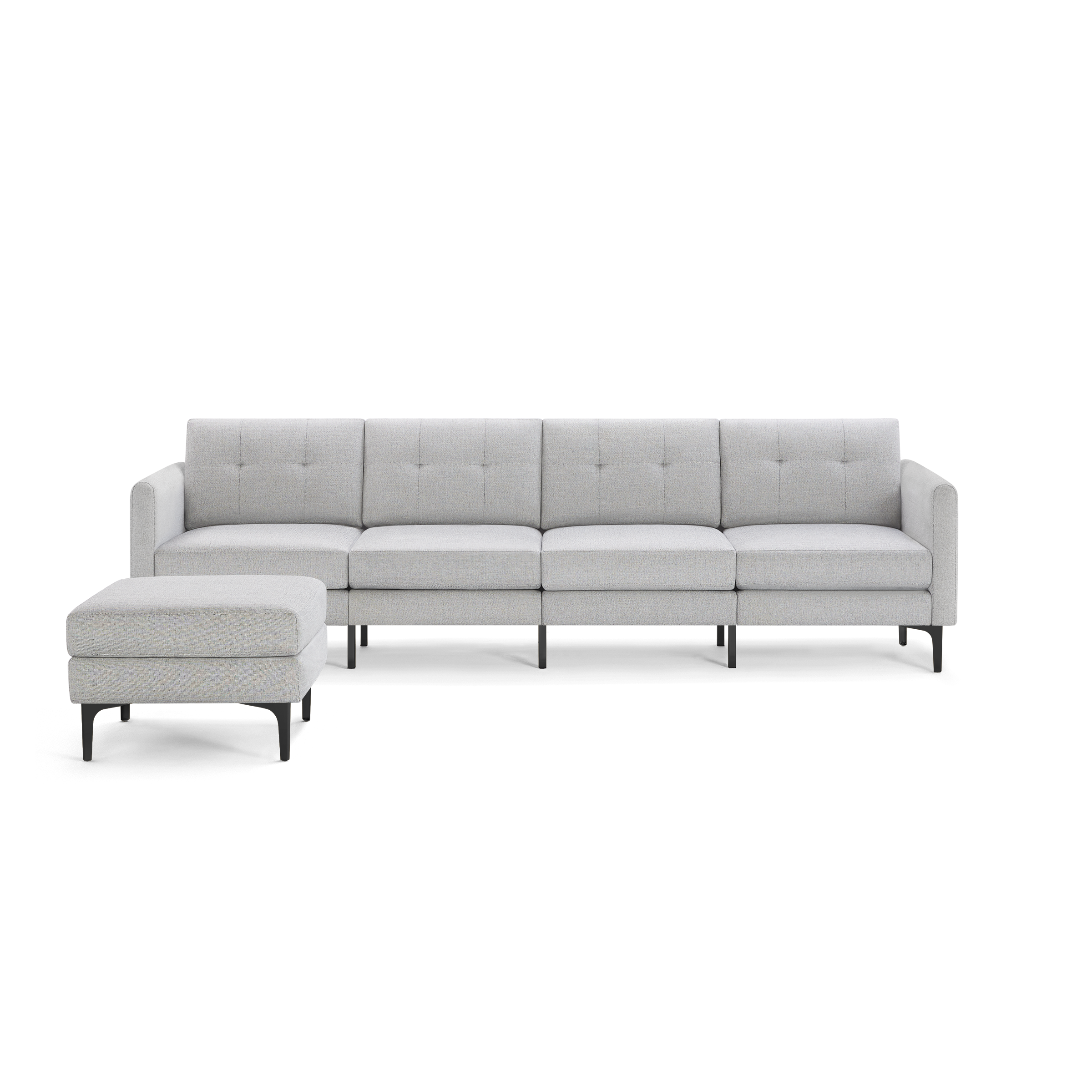 Light grey fabric sectional sofa with tufted back cushions, metal legs, and a matching ottoman on the left side.