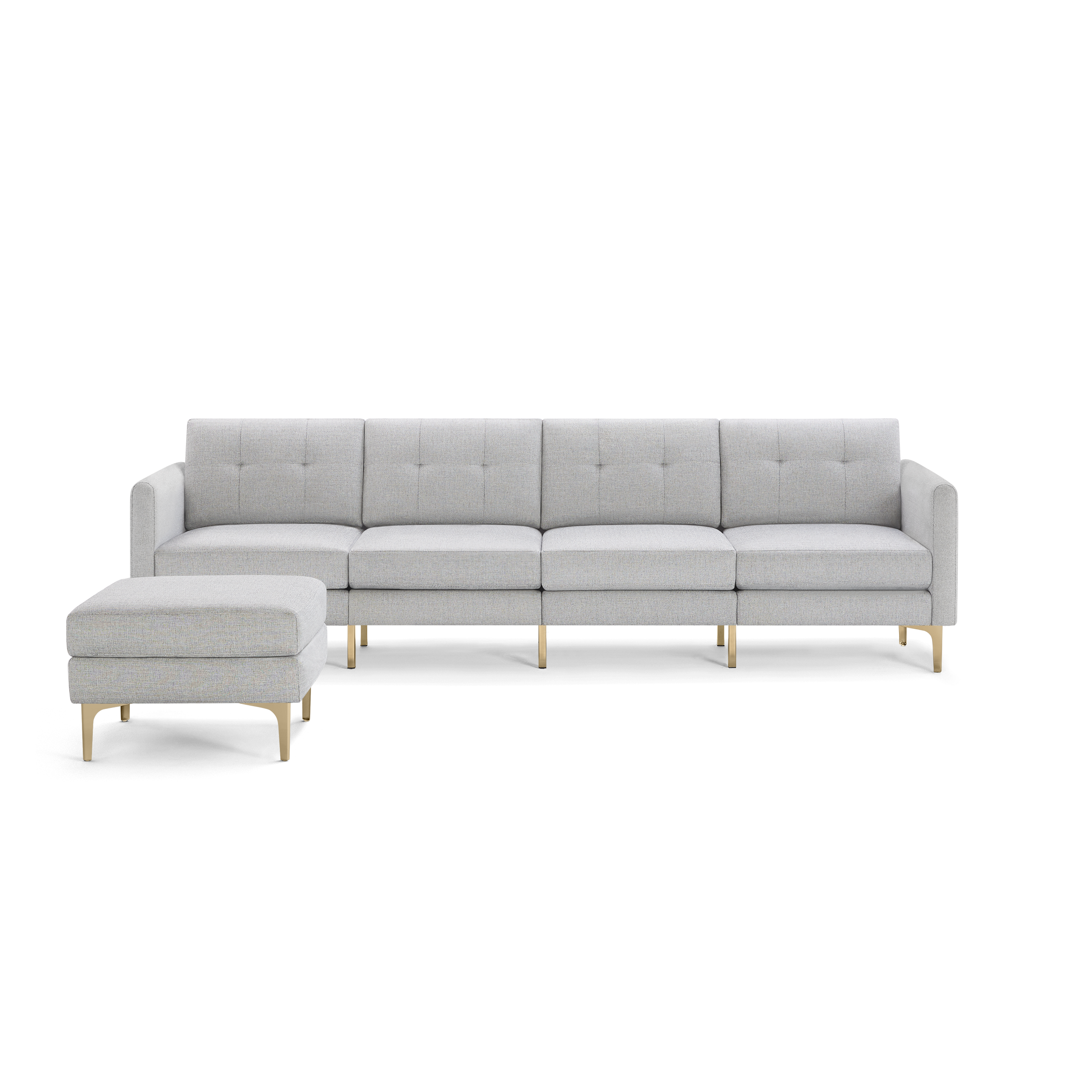 Light gray modern sectional sofa with tufted cushions, wooden legs, and a matching ottoman on the left side.