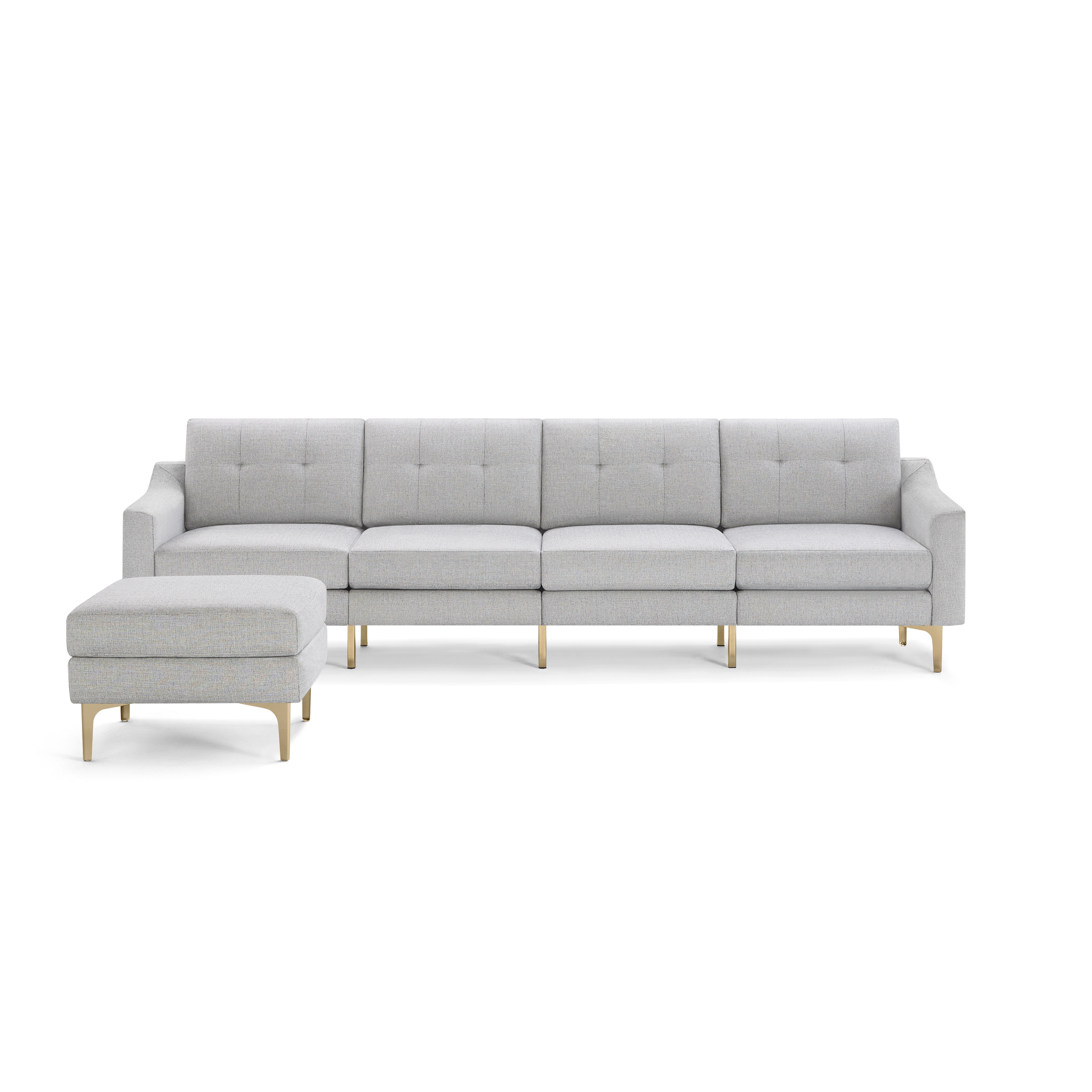 Light gray modern sectional sofa with tufted back cushions, straight armrests, and matching ottoman, supported by gold metal legs.