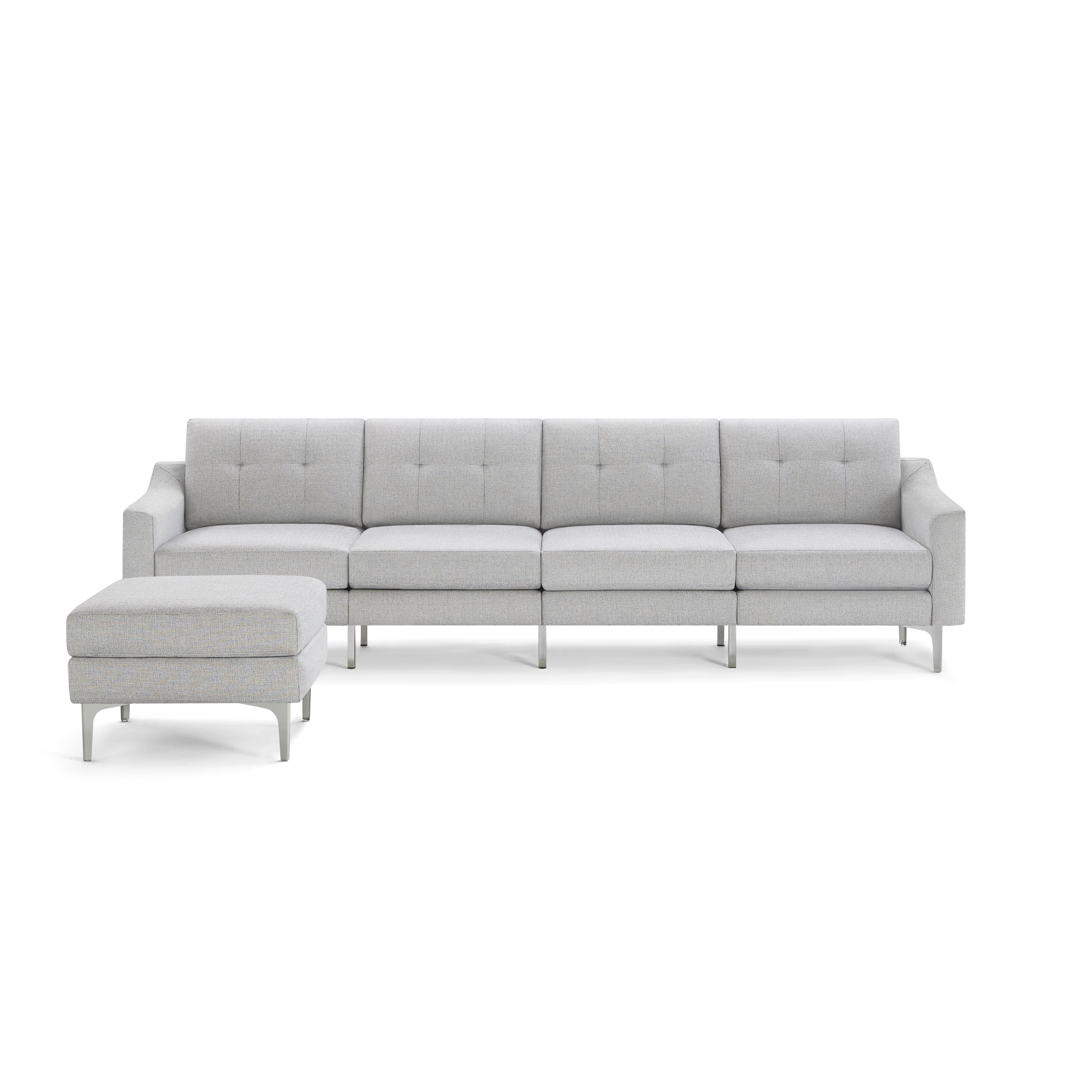 Light gray modern sectional sofa with tufted back cushions and matching ottoman, featuring sleek metal legs.
