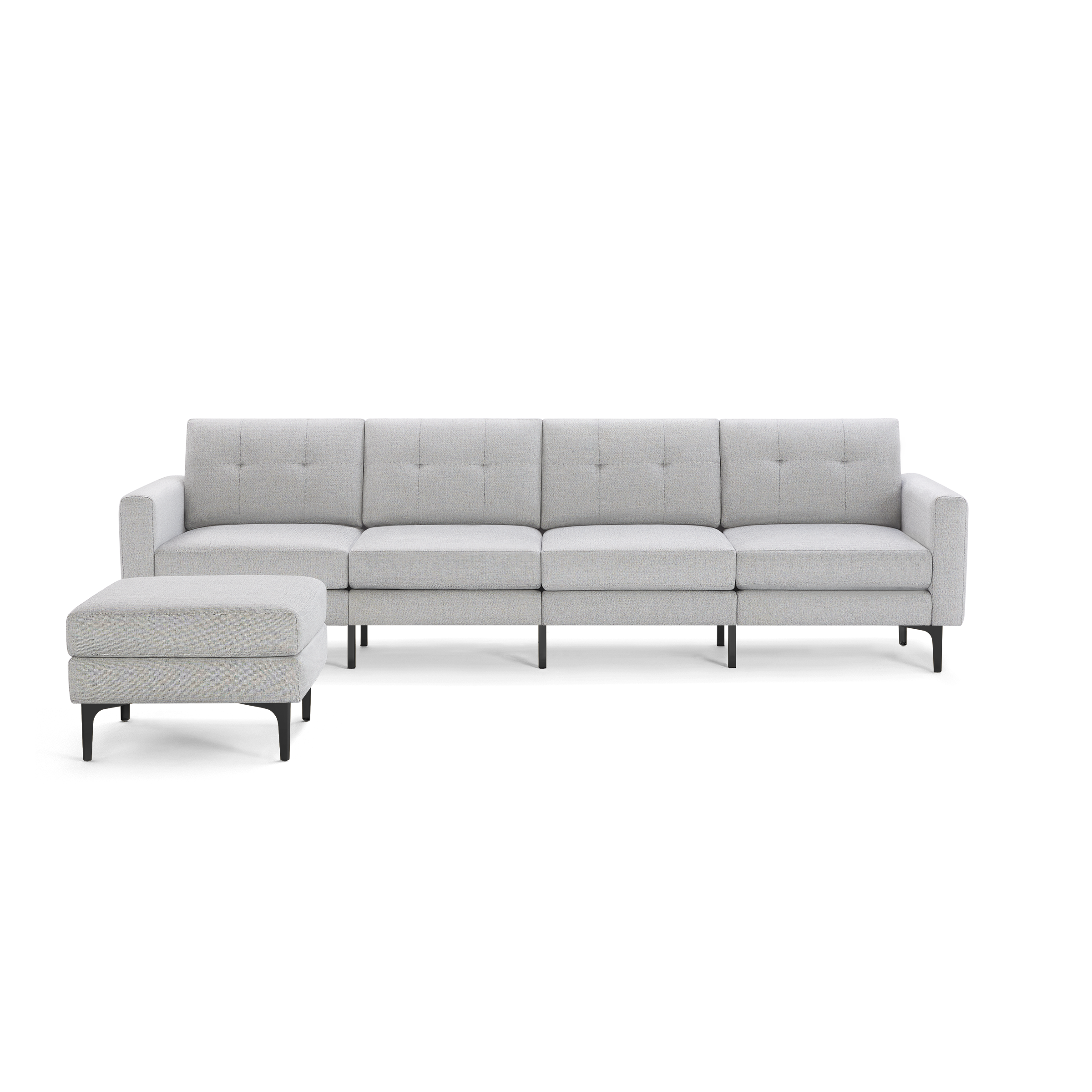 Light gray modern sectional sofa with tufted back cushions and separate matching ottoman, supported by black metal legs.