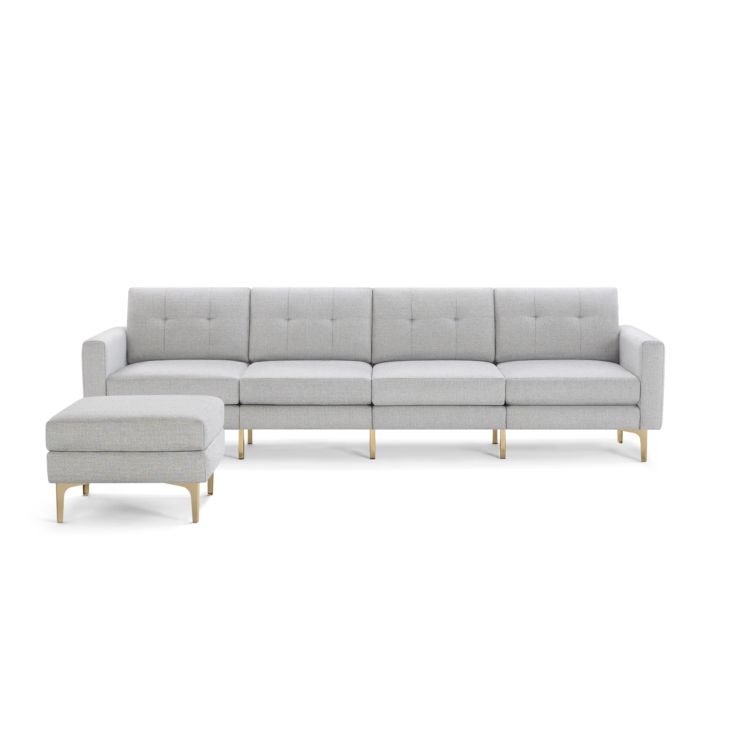 Light gray modern sectional sofa with clean lines, tufted cushions, matching ottoman, and gold metal legs.