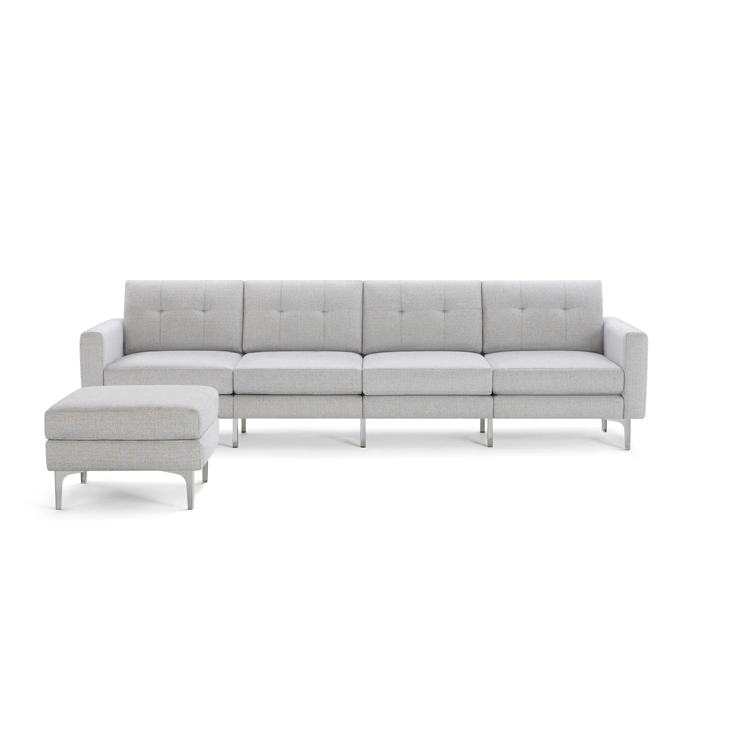 Light gray modern sectional sofa with tufted back cushions and matching ottoman, supported by sleek metal legs.