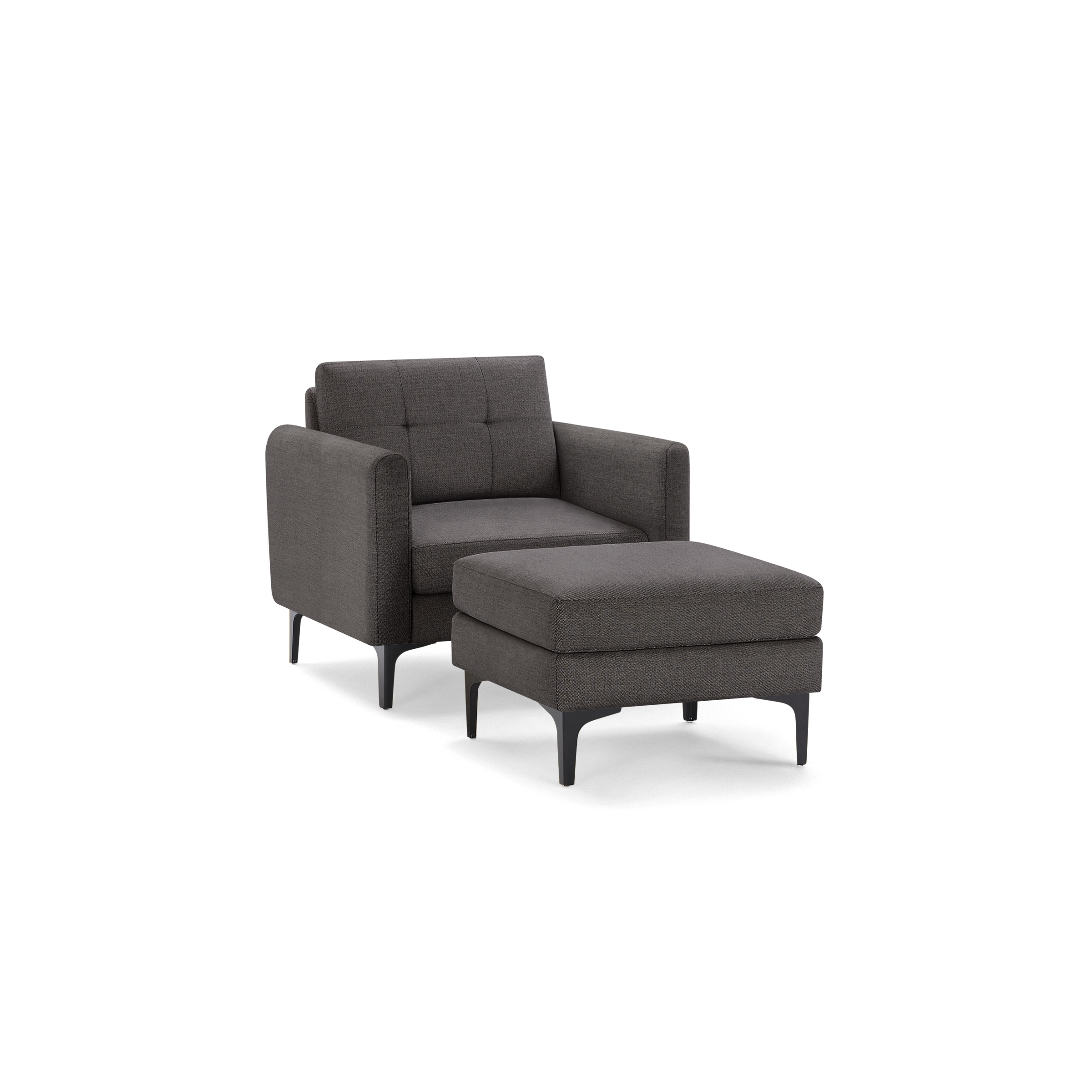 Modern dark gray upholstered armchair with matching cushioned ottoman, featuring slim black legs and tufted backrest.