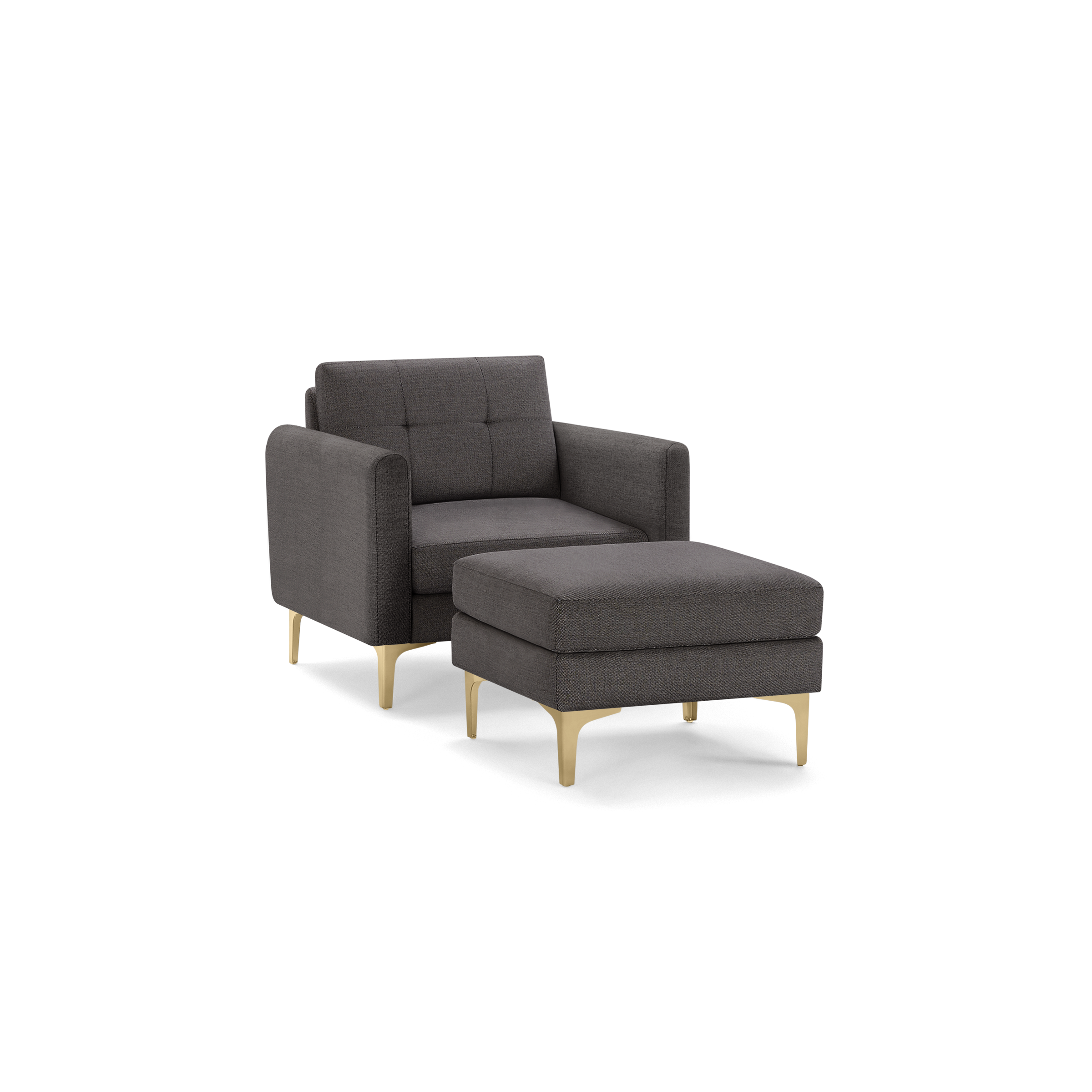 Dark gray upholstered armchair with matching ottoman, both featuring tufted cushions and gold metal legs.