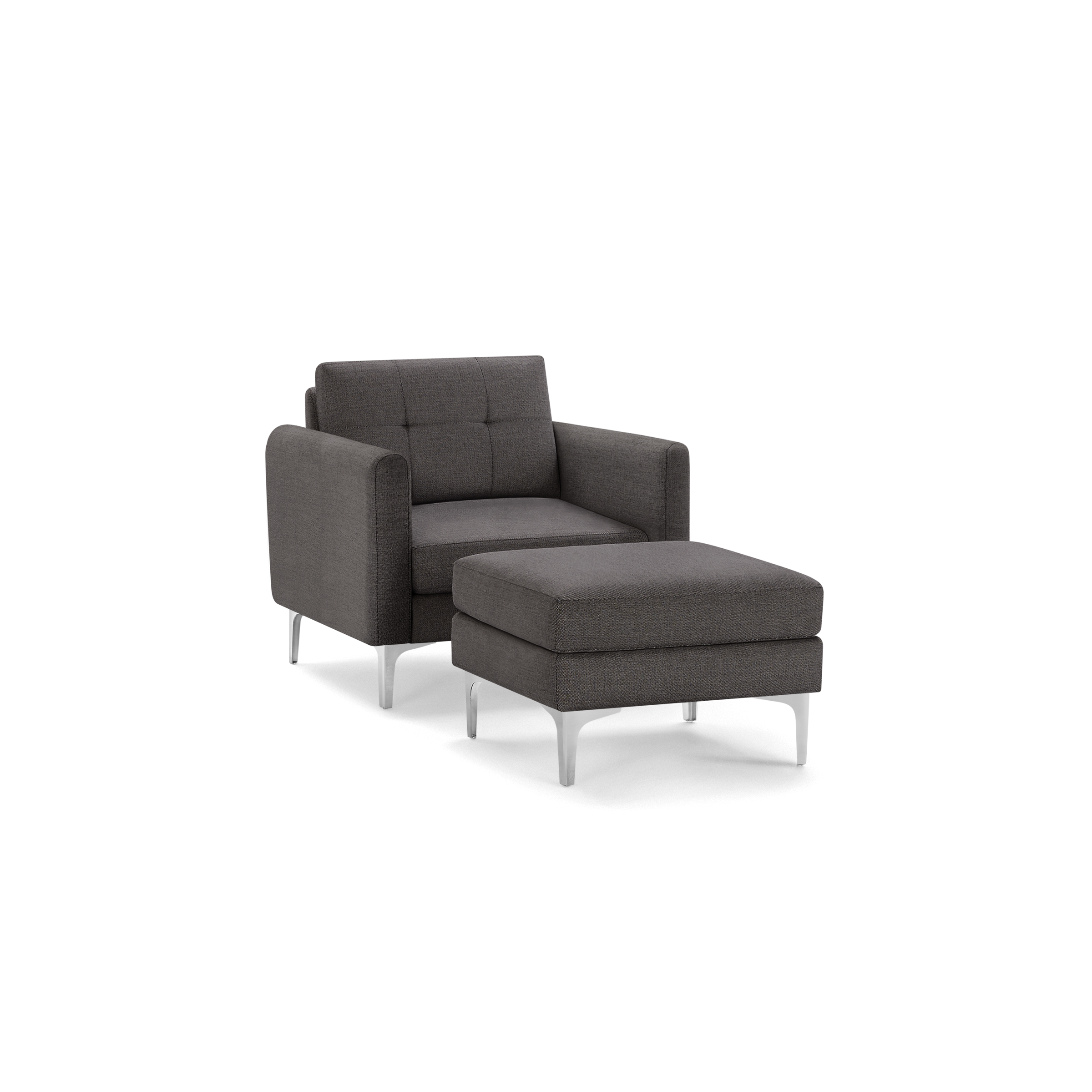 Modern dark gray upholstered armchair with a matching ottoman, featuring clean lines and silver metal legs.
