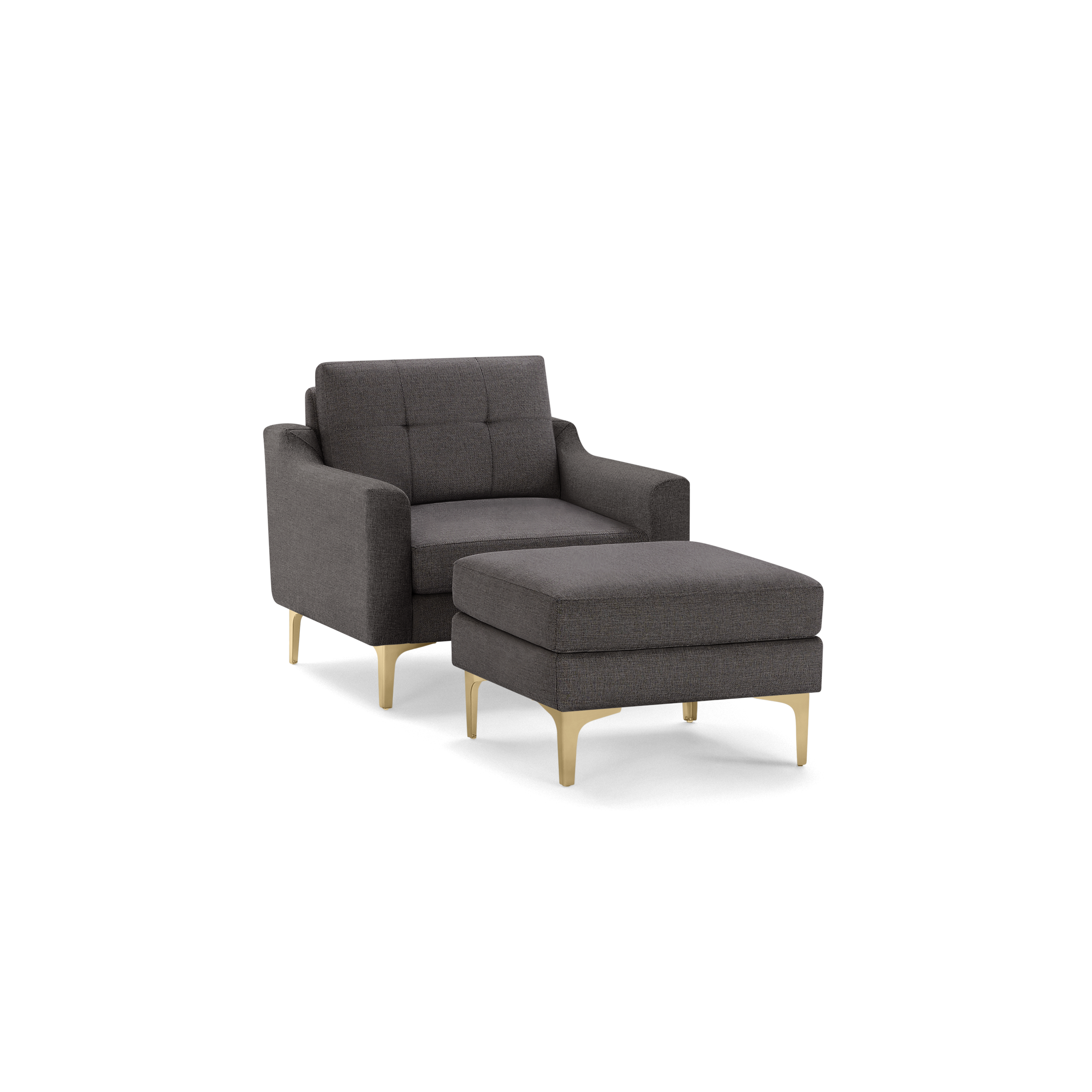 Dark gray upholstered armchair with matching ottoman, featuring tufted cushions and gold metal legs, modern design.