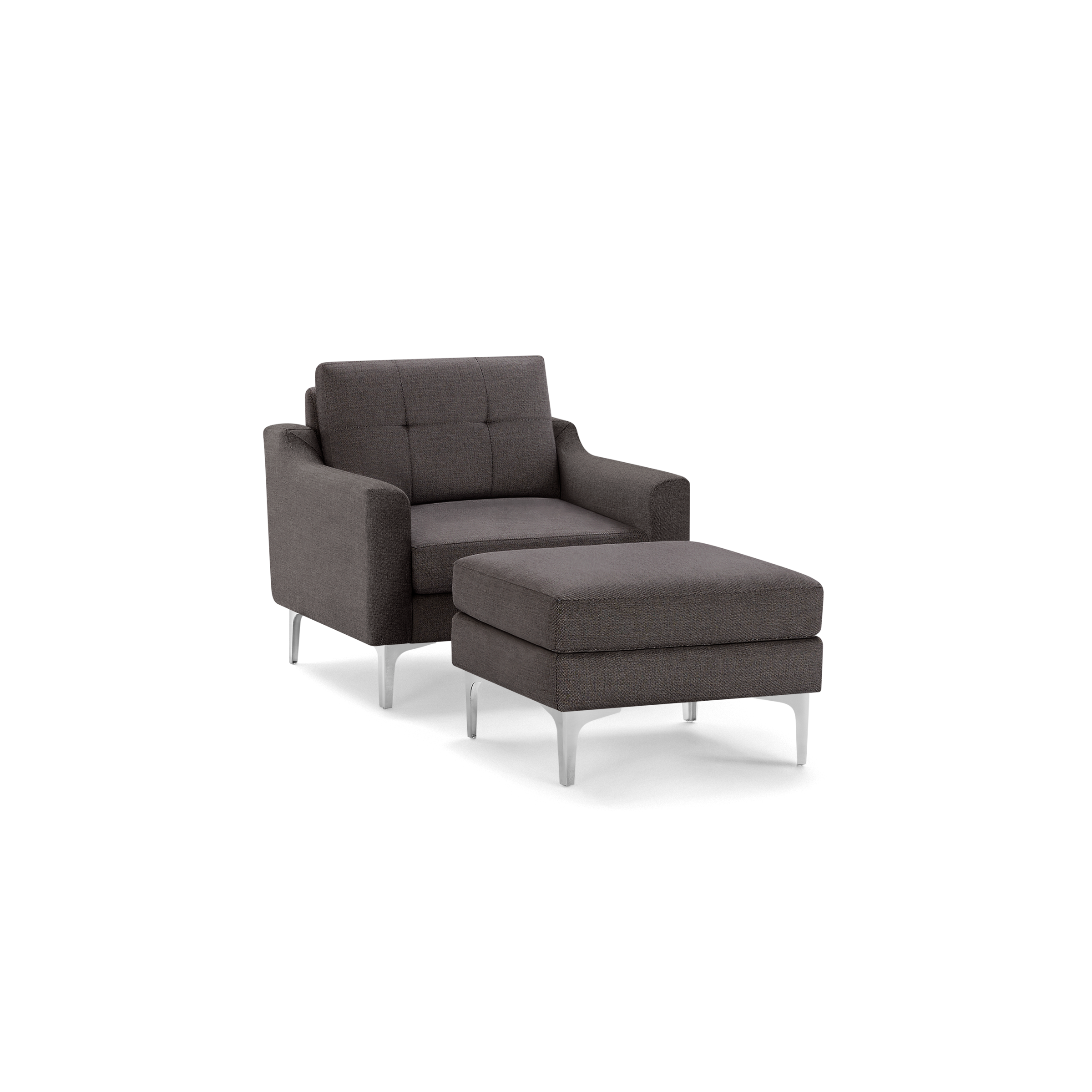 Dark gray upholstered armchair with matching cushioned ottoman, both featuring sleek metal legs and modern design.
