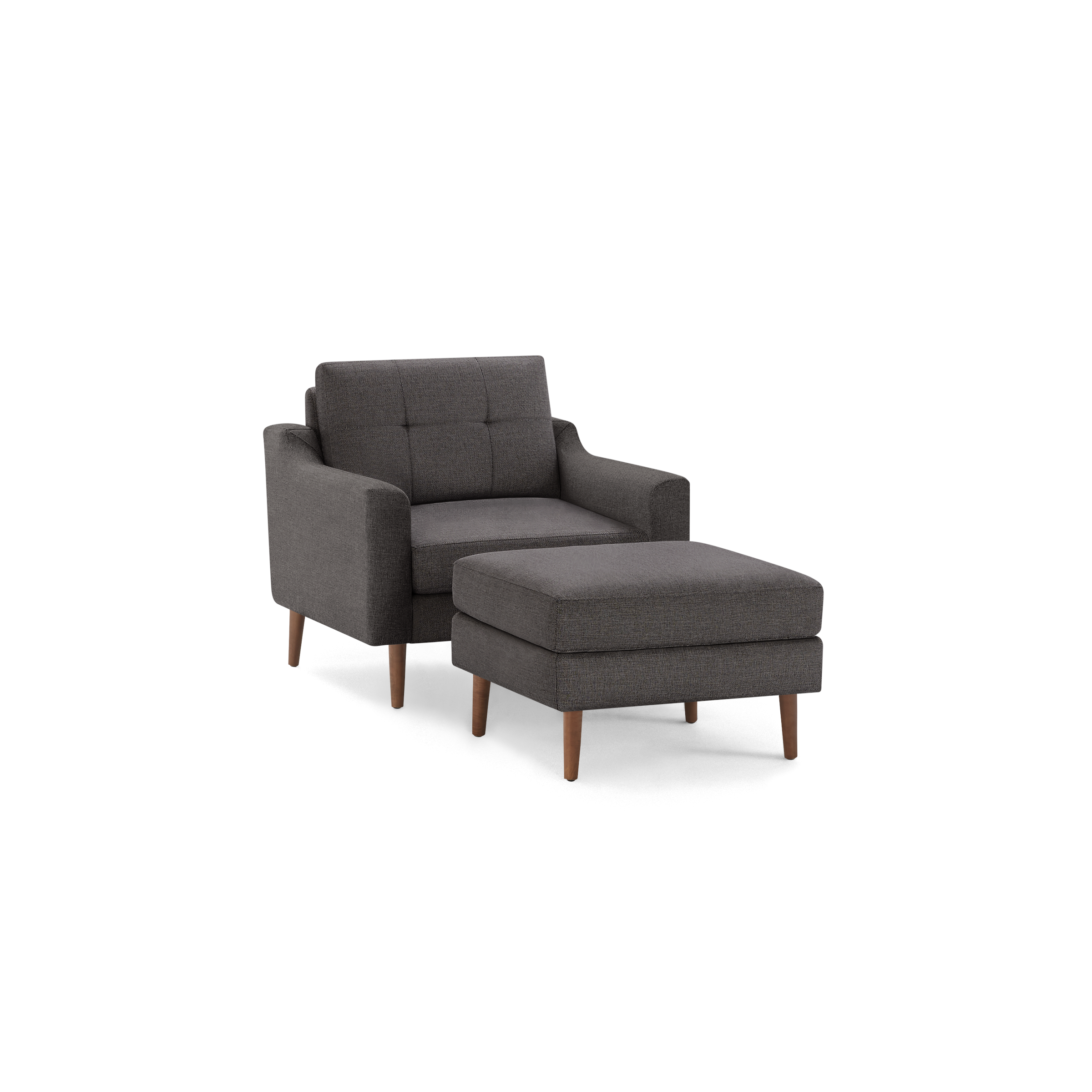 Dark gray upholstered armchair with matching ottoman, featuring wooden tapered legs and tufted backrest design.