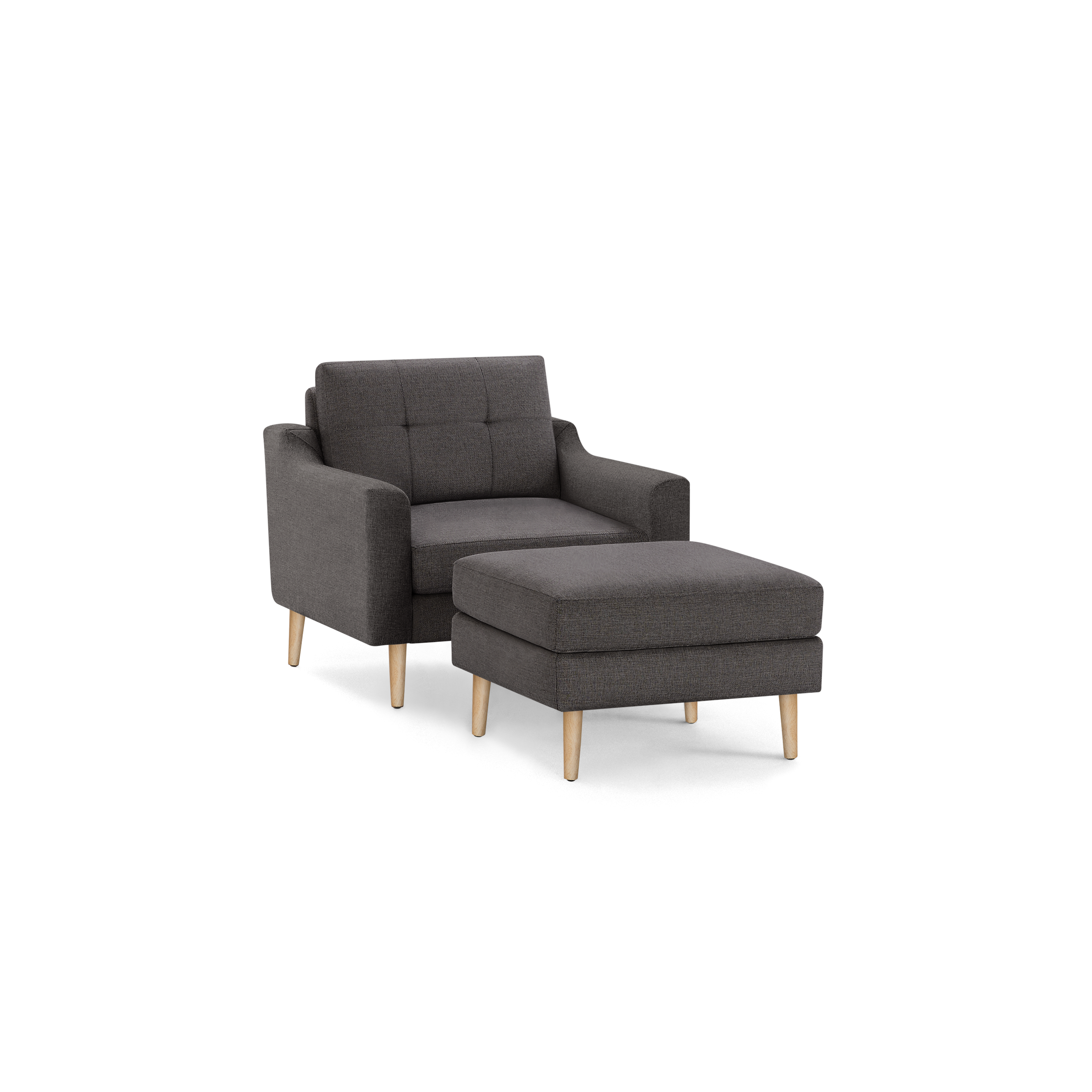 Modern dark gray fabric armchair with plush cushion and matching ottoman, both featuring natural wooden legs.