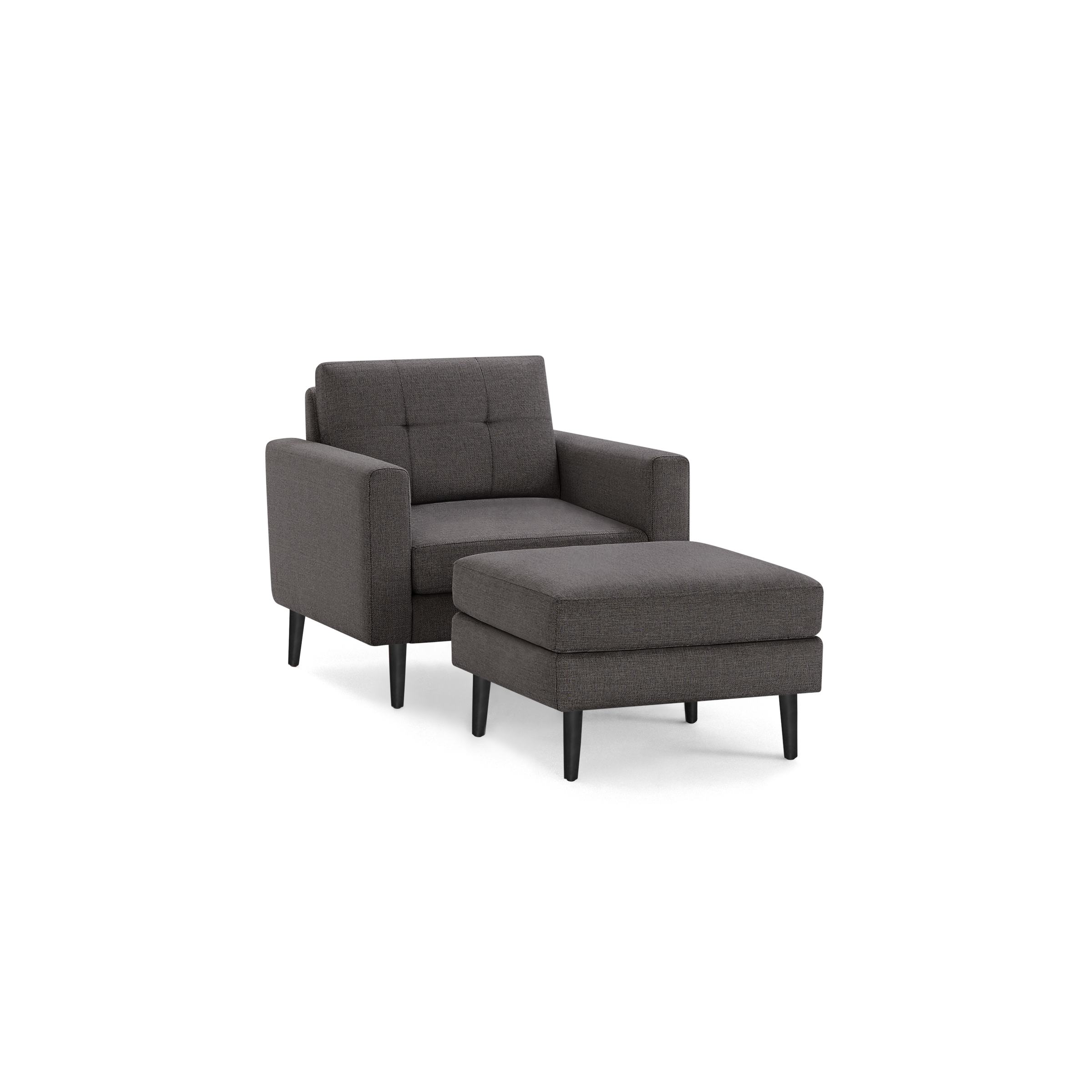Dark gray upholstered armchair with matching ottoman, featuring wooden legs and tufted backrest, modern design.