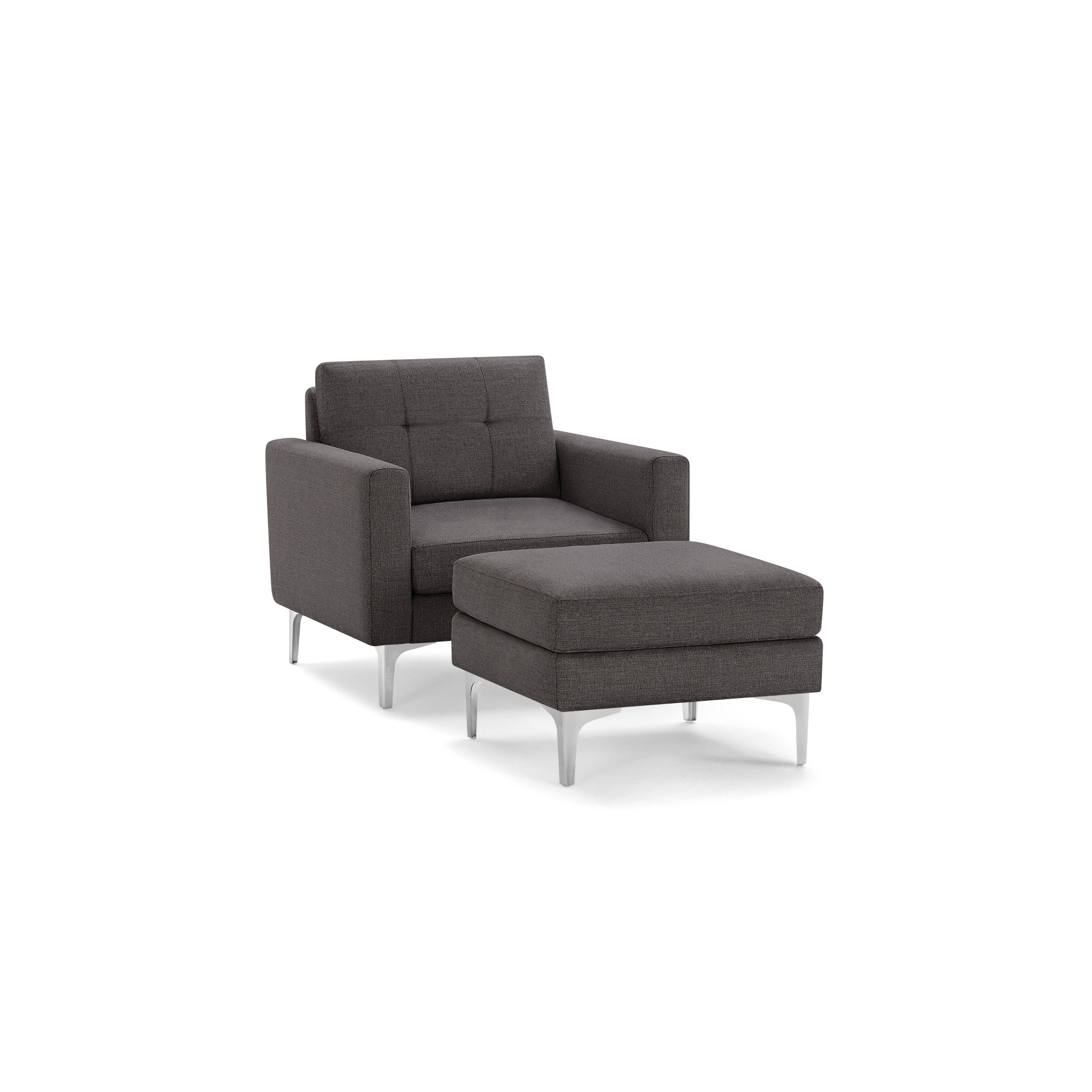 Modern dark gray fabric armchair with matching cushioned ottoman, tufted backrest, and sleek silver metal legs.