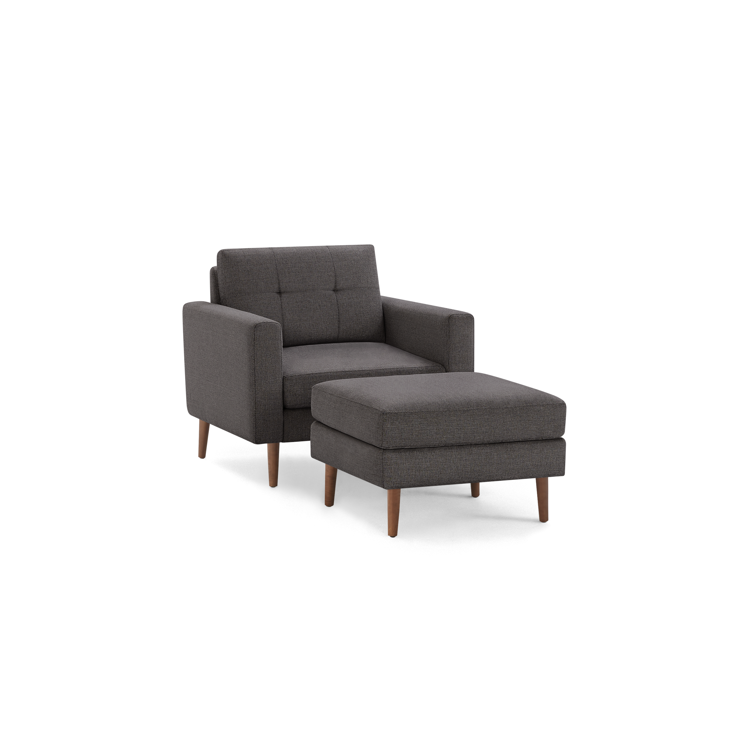 Gray upholstered armchair with matching ottoman, featuring wooden legs and a tufted backrest.
