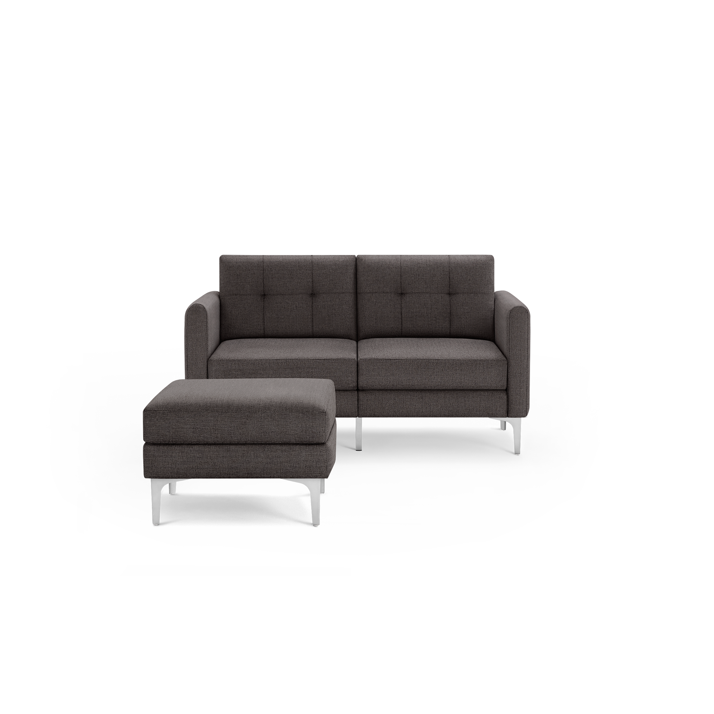 Dark gray fabric loveseat with tufted back cushions and matching ottoman, both supported by sleek silver metal legs.