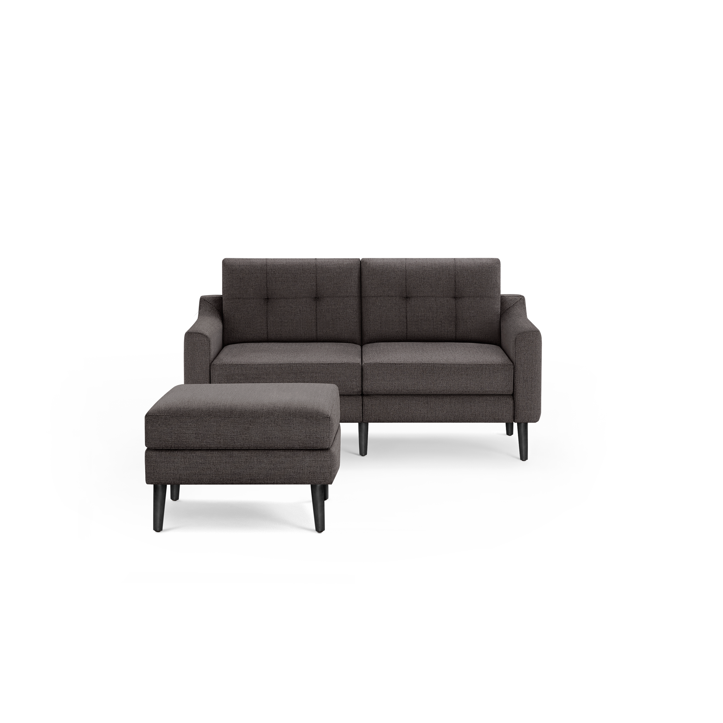 Dark gray fabric loveseat sofa with a matching ottoman, featuring button-tufted back cushions and black tapered legs.