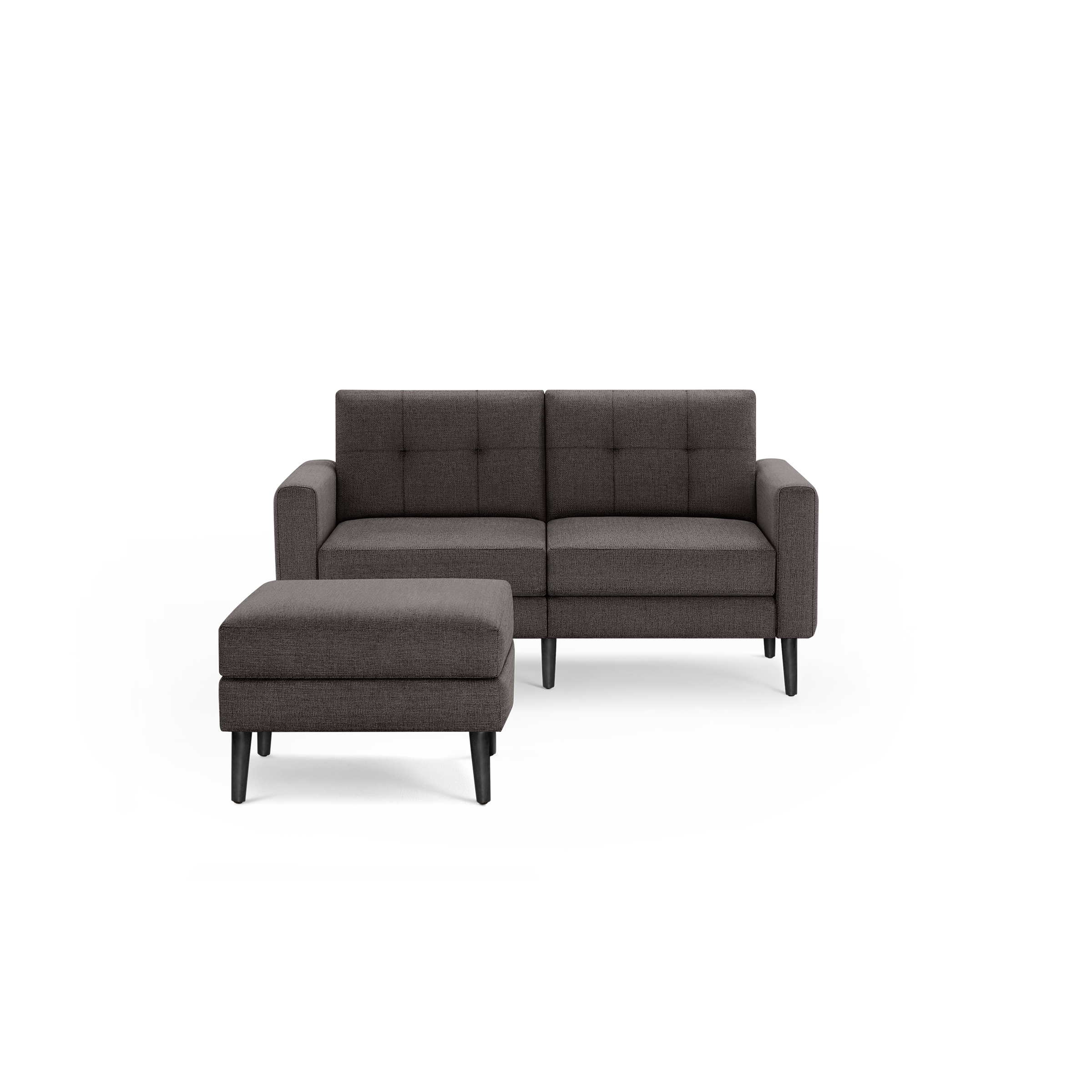 Compact dark gray tufted fabric loveseat with square arms and matching cushioned ottoman, both with black tapered legs.