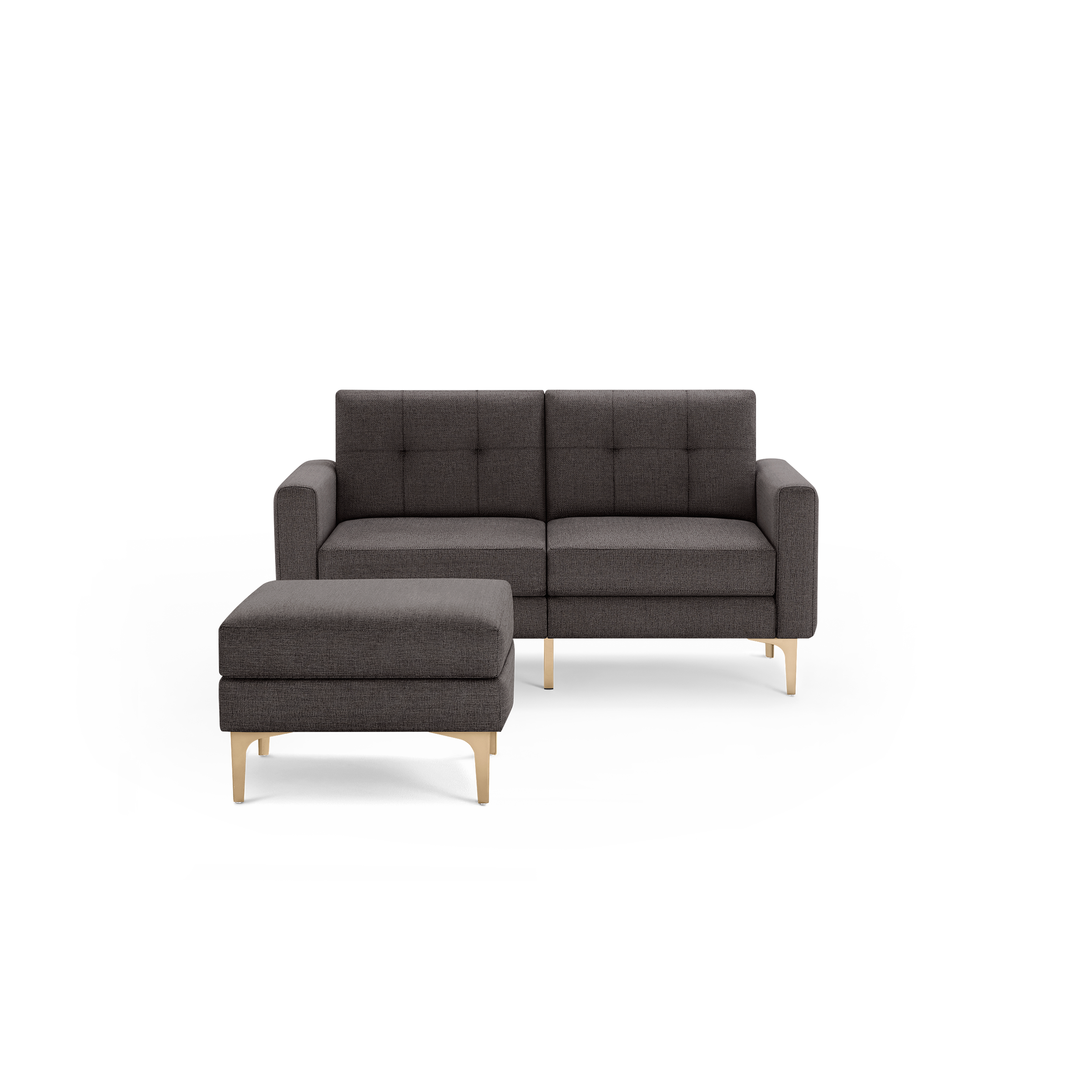 Dark gray upholstered modern loveseat sofa with tufted back cushions and a matching ottoman, both with light wooden angled legs.