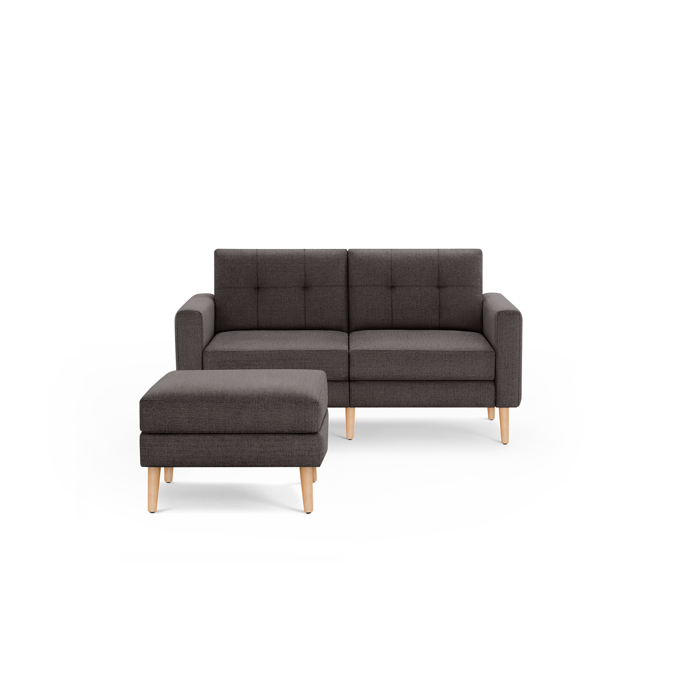 Dark gray fabric loveseat sofa with tufted back cushions and matching ottoman, both featuring light wooden legs.