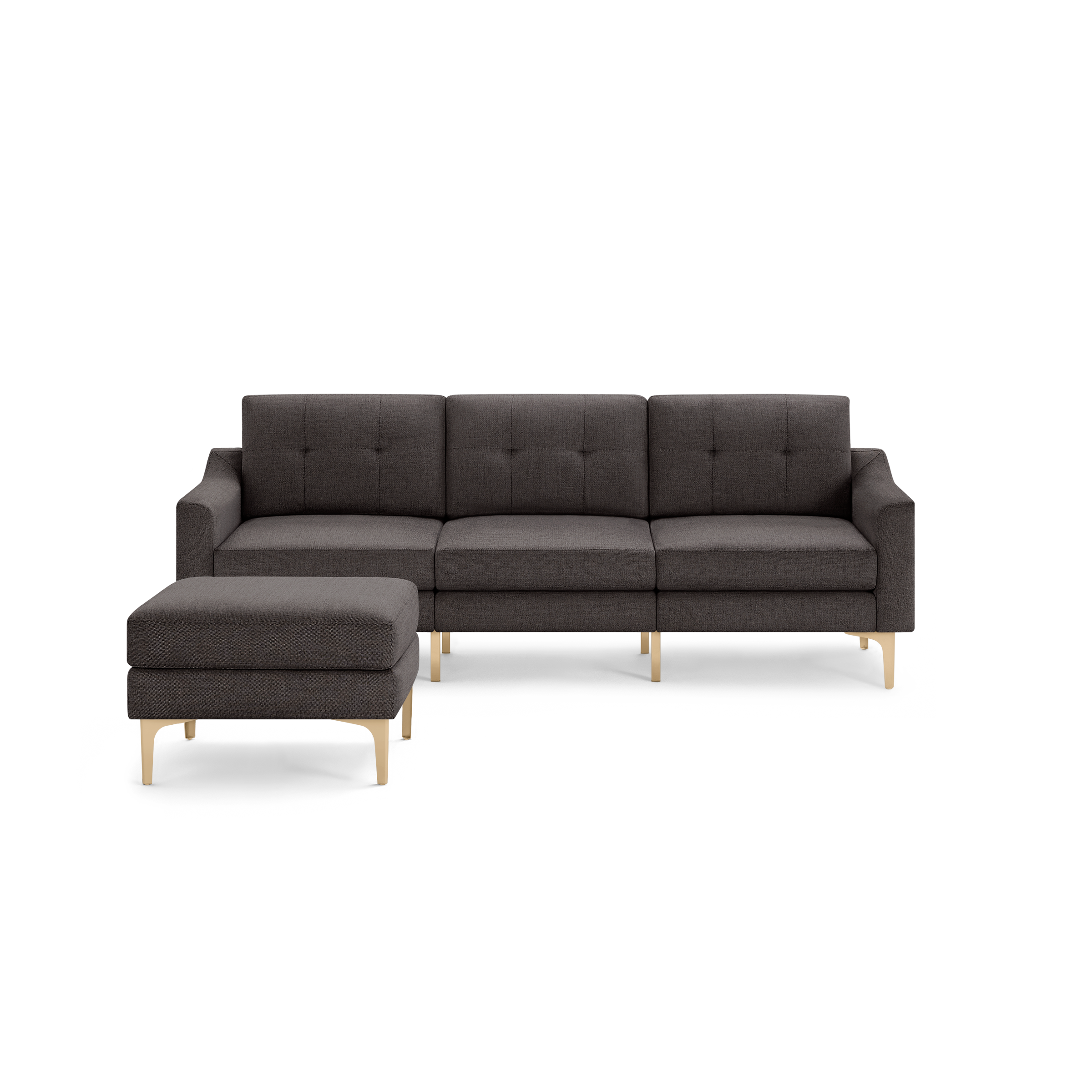 Dark gray fabric sectional sofa with tufted back cushions, clean lines, and light wooden legs, including a matching ottoman.