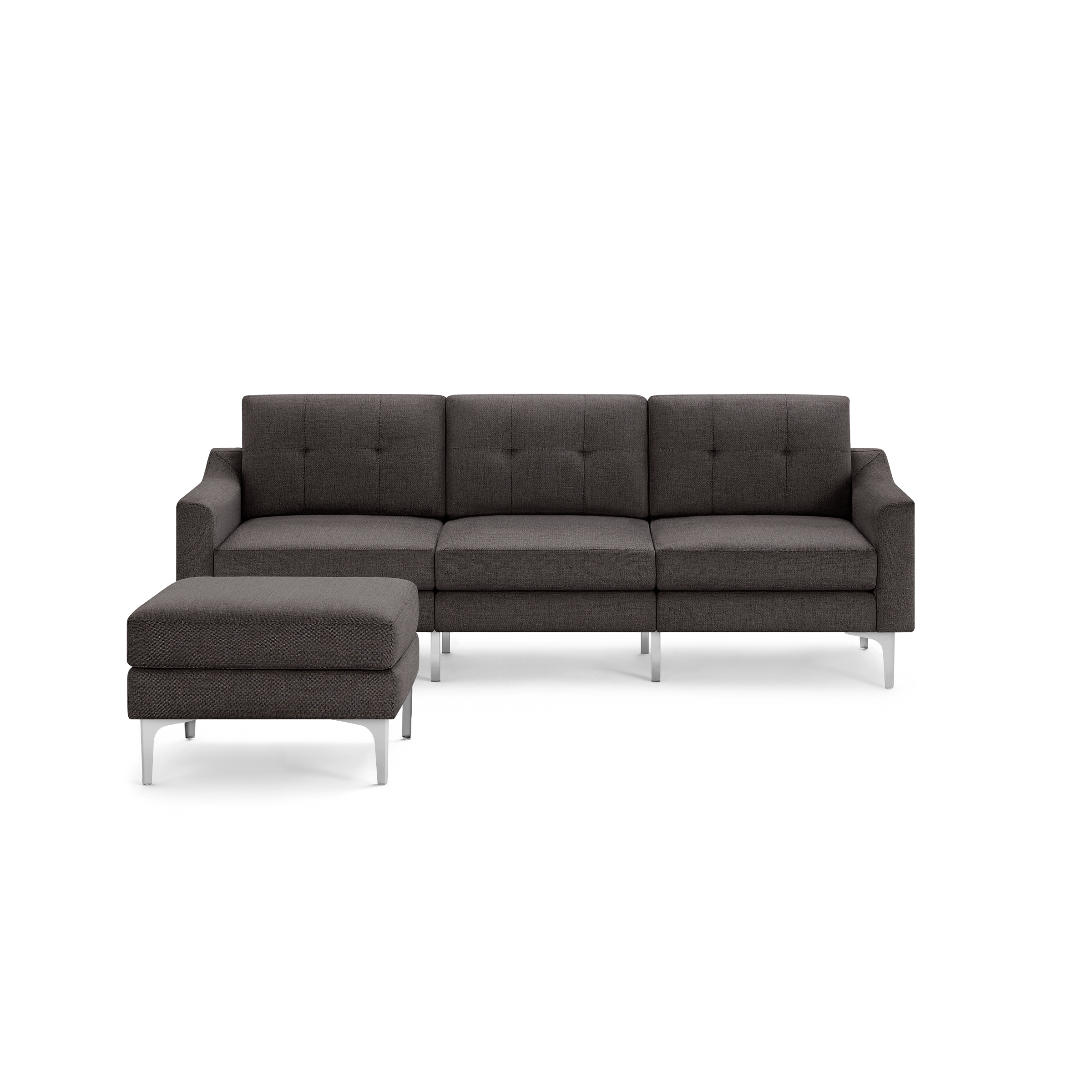 Dark gray fabric sectional sofa with left chaise, tufted cushions, square arms, and metal legs in a modern design.