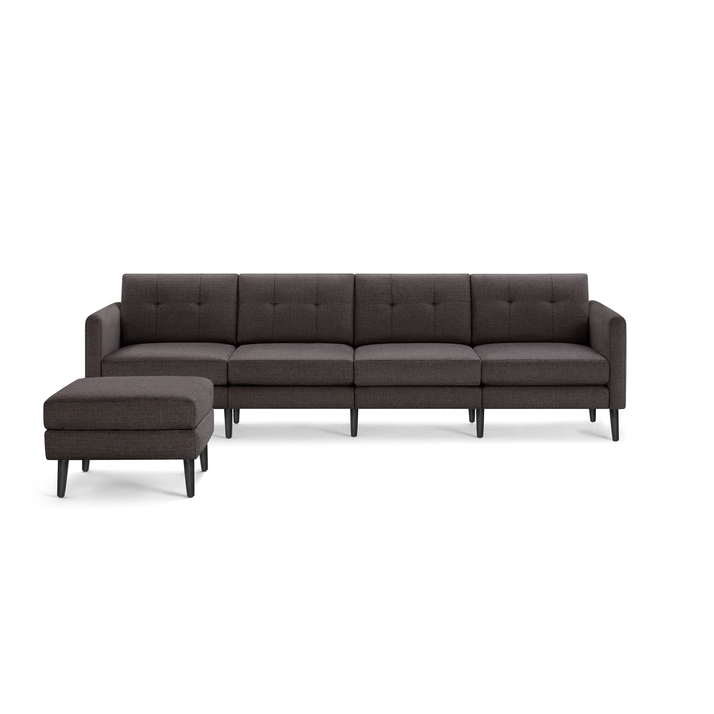 Dark gray modern sectional sofa with tufted back cushions, straight arms, wooden legs, and matching ottoman.