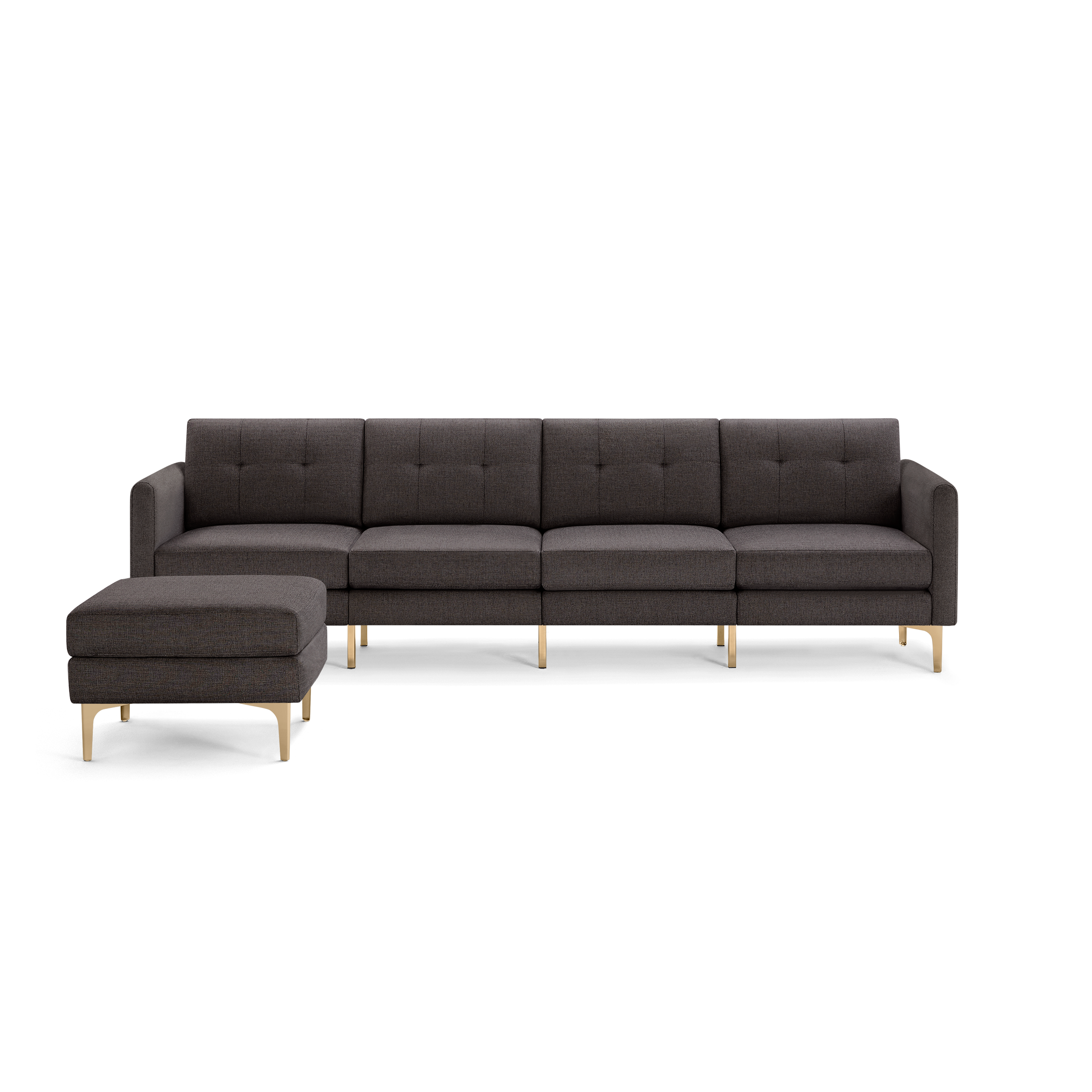 Dark gray modern sectional sofa with tufted back cushions and light wood legs, including a matching ottoman.