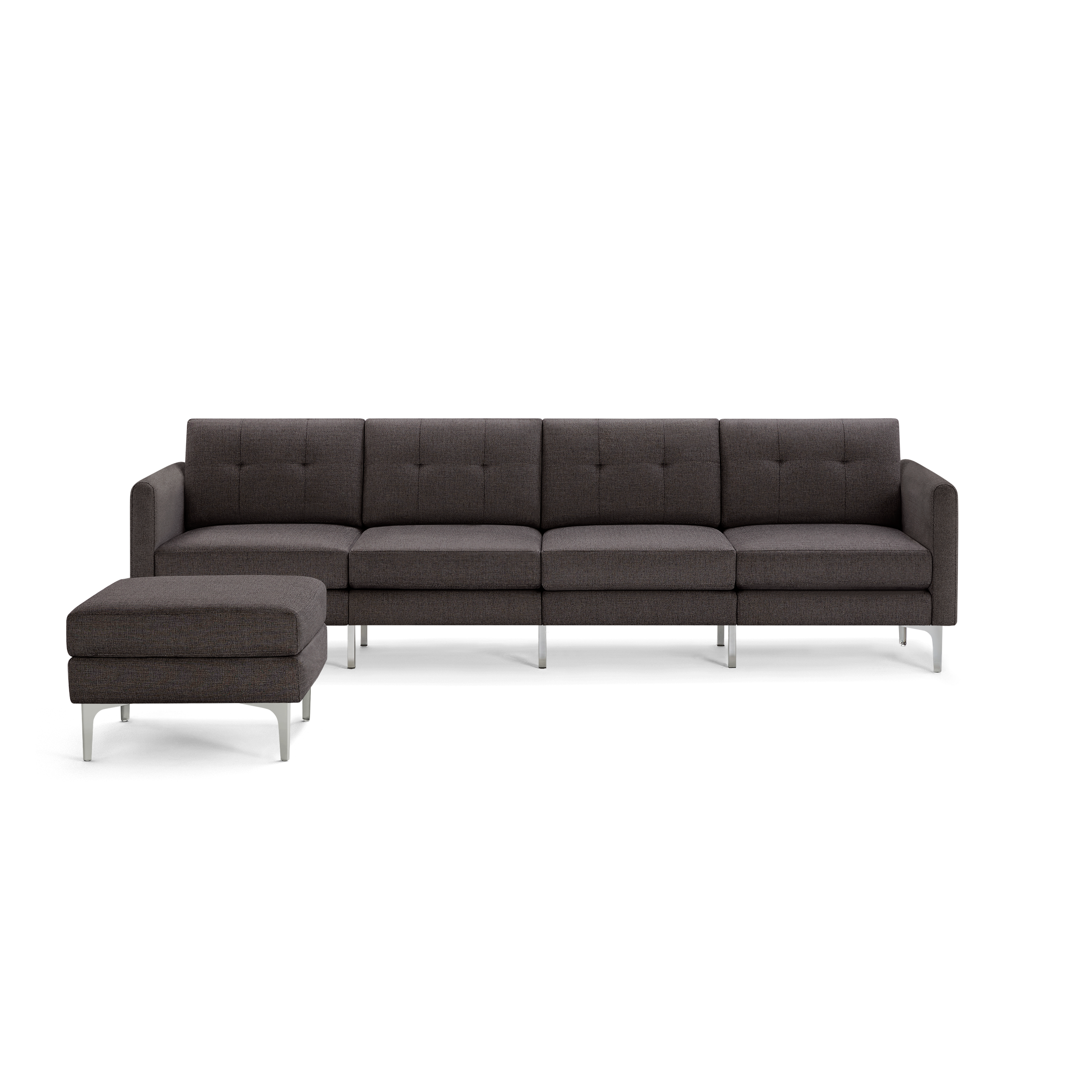 Dark gray modern sectional sofa with metal legs, tufted back cushions, and matching ottoman.