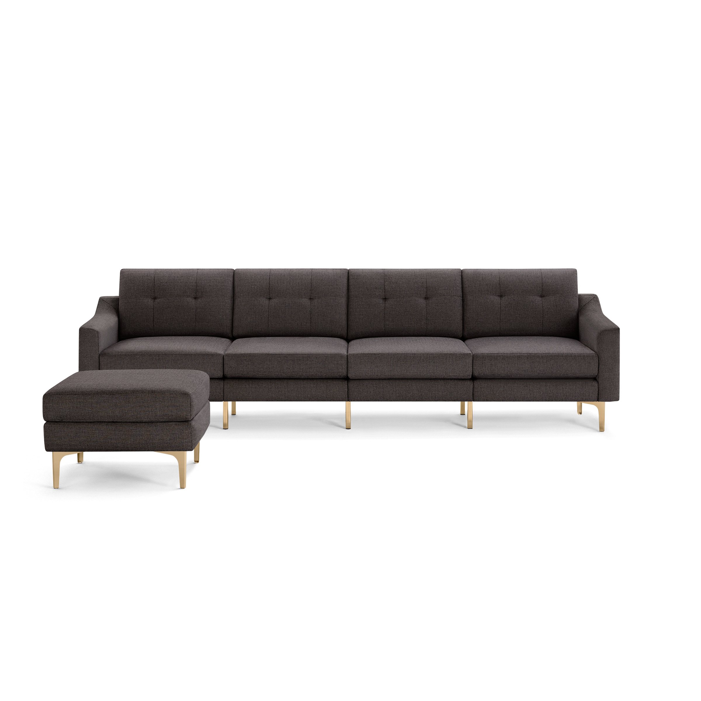 Dark gray fabric sectional sofa with tufted back cushions, wooden legs, and matching ottoman, modern and minimalist design.