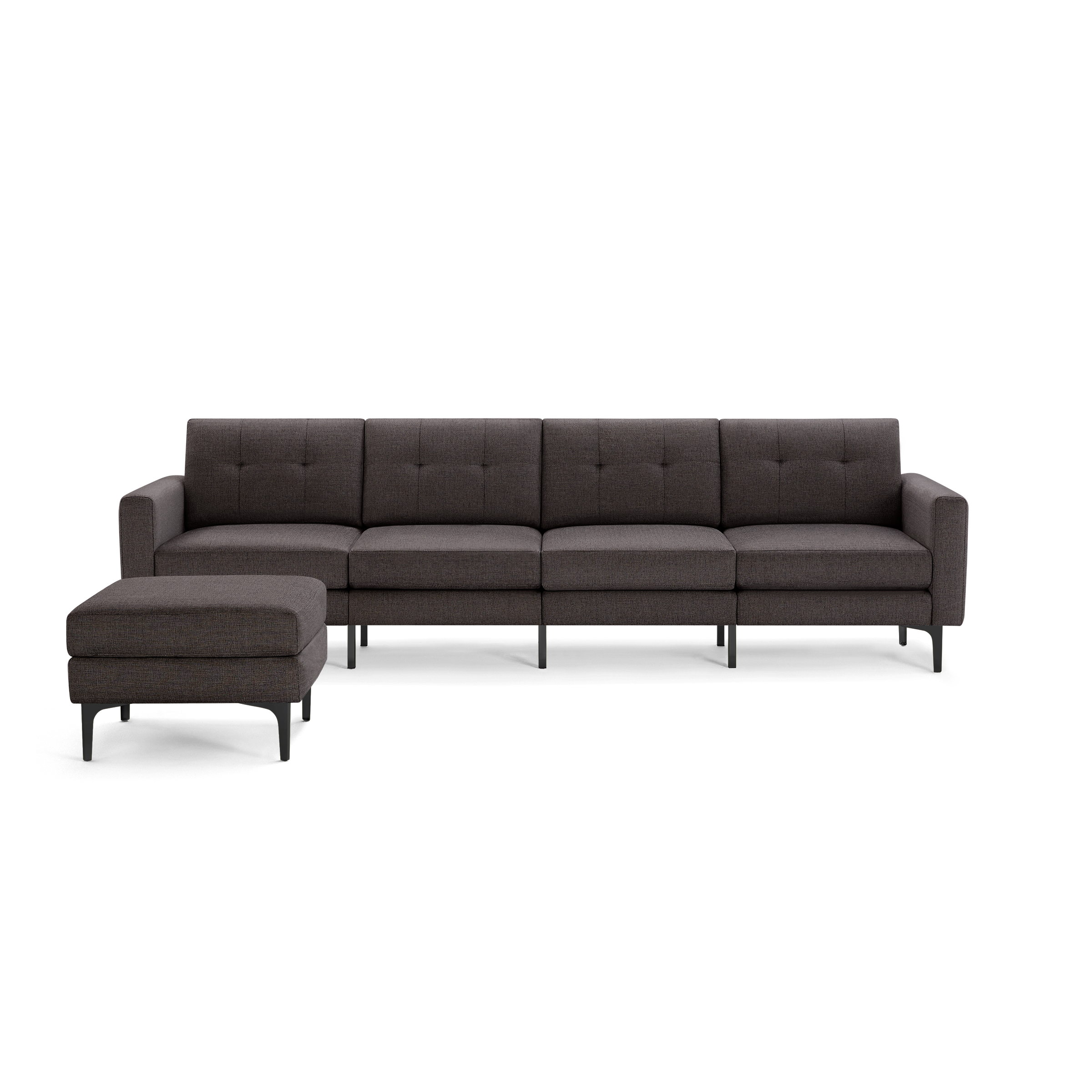 Dark gray modern sectional sofa with tufted cushions and metal legs, including a matching ottoman on the left side.