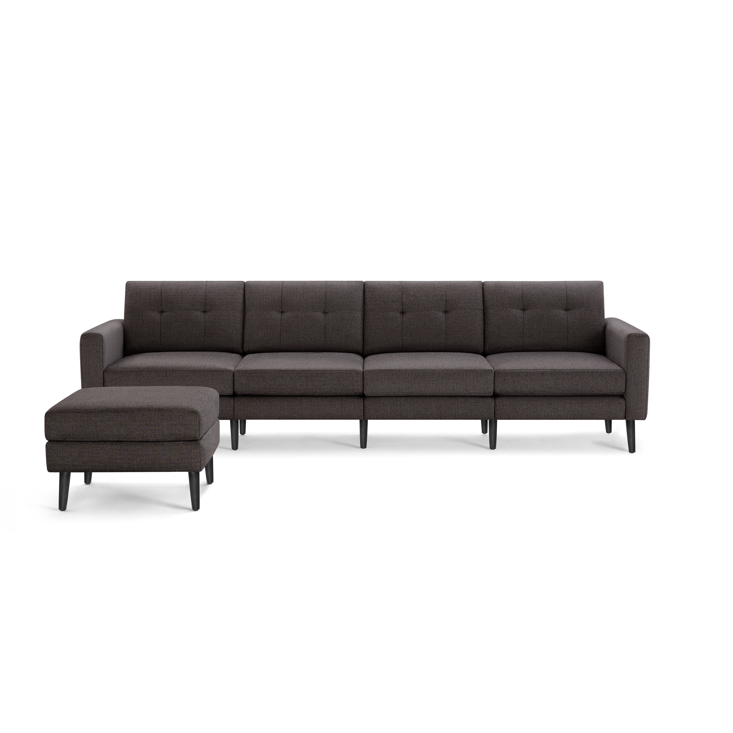 Four-seater dark brown fabric sectional sofa with tufted cushions and a matching ottoman, featuring black tapered legs.