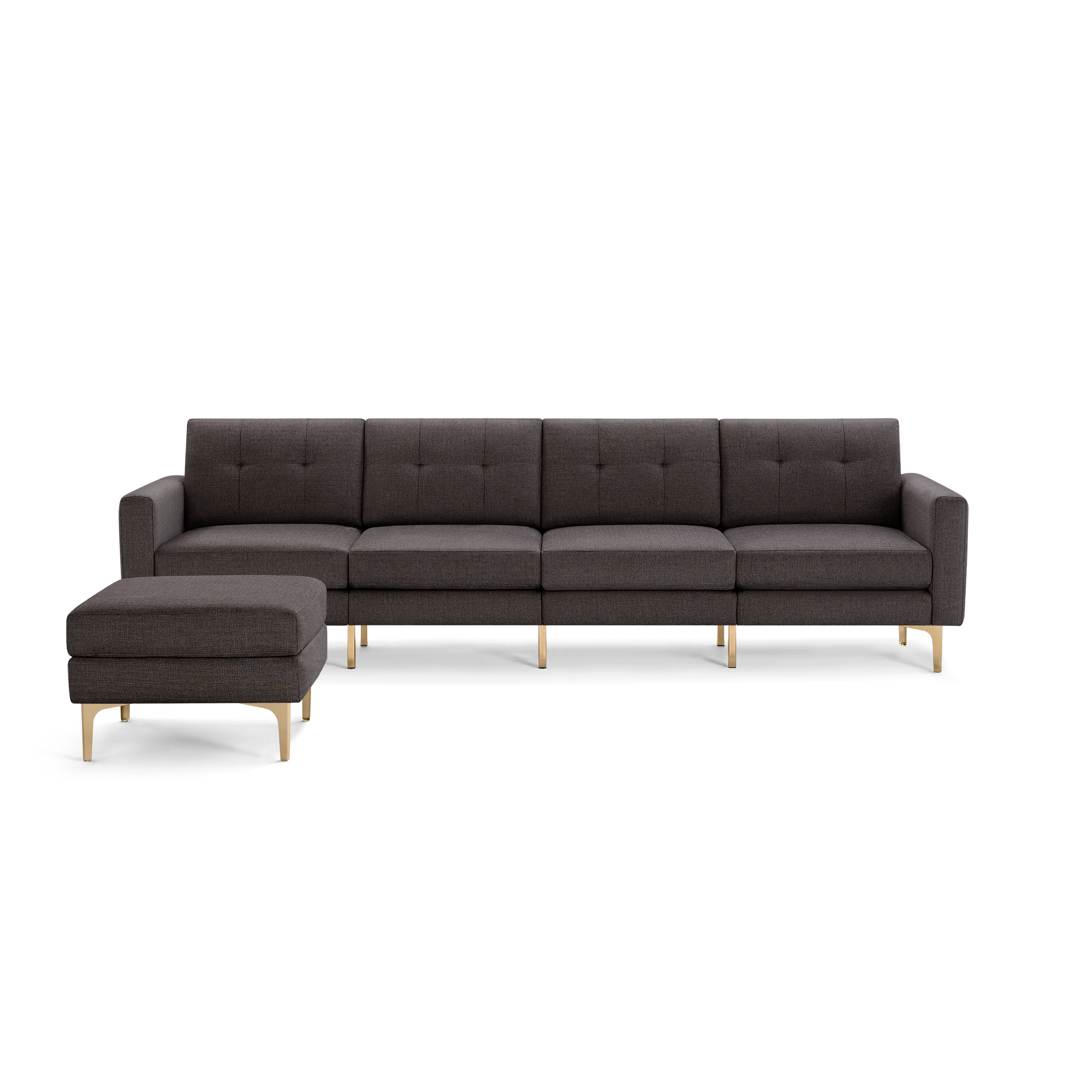 Dark gray modern sectional sofa with tufted cushions, clean lines, and light wooden legs, featuring a matching ottoman.