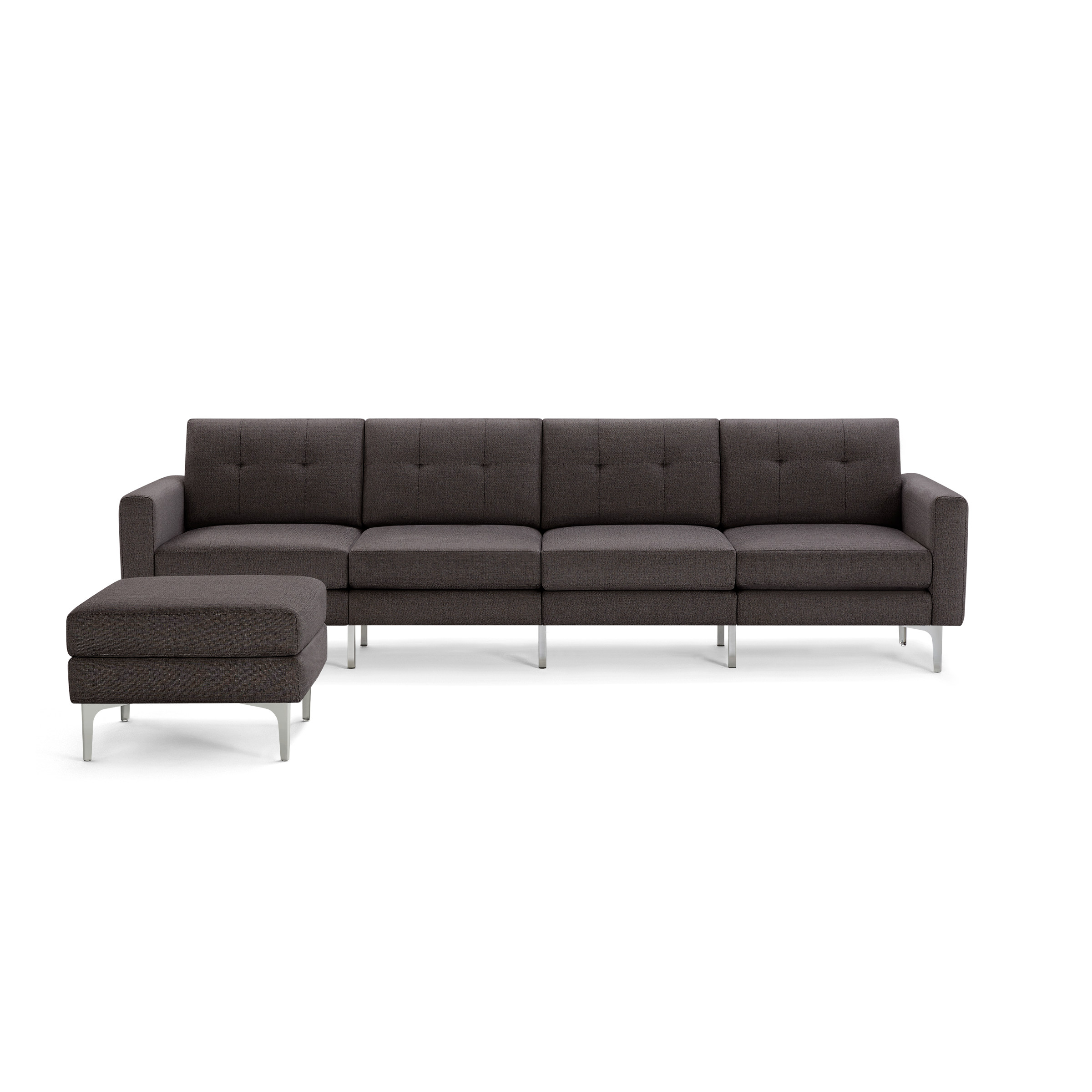 Modern dark gray fabric sectional sofa with metal legs and matching cushioned ottoman on a transparent background.