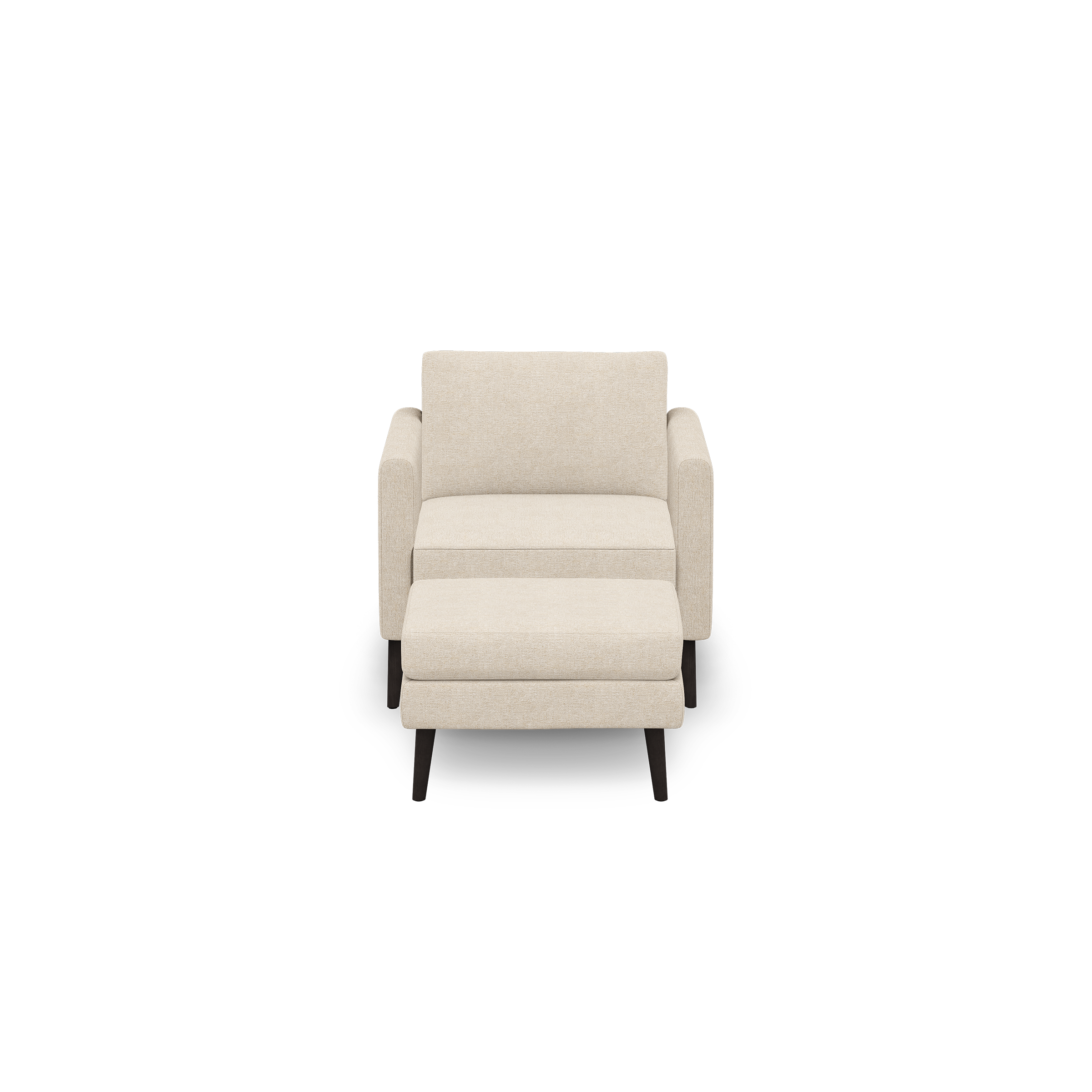Beige upholstered armchair with matching cushioned ottoman, both featuring dark wooden legs, shown against a black background.