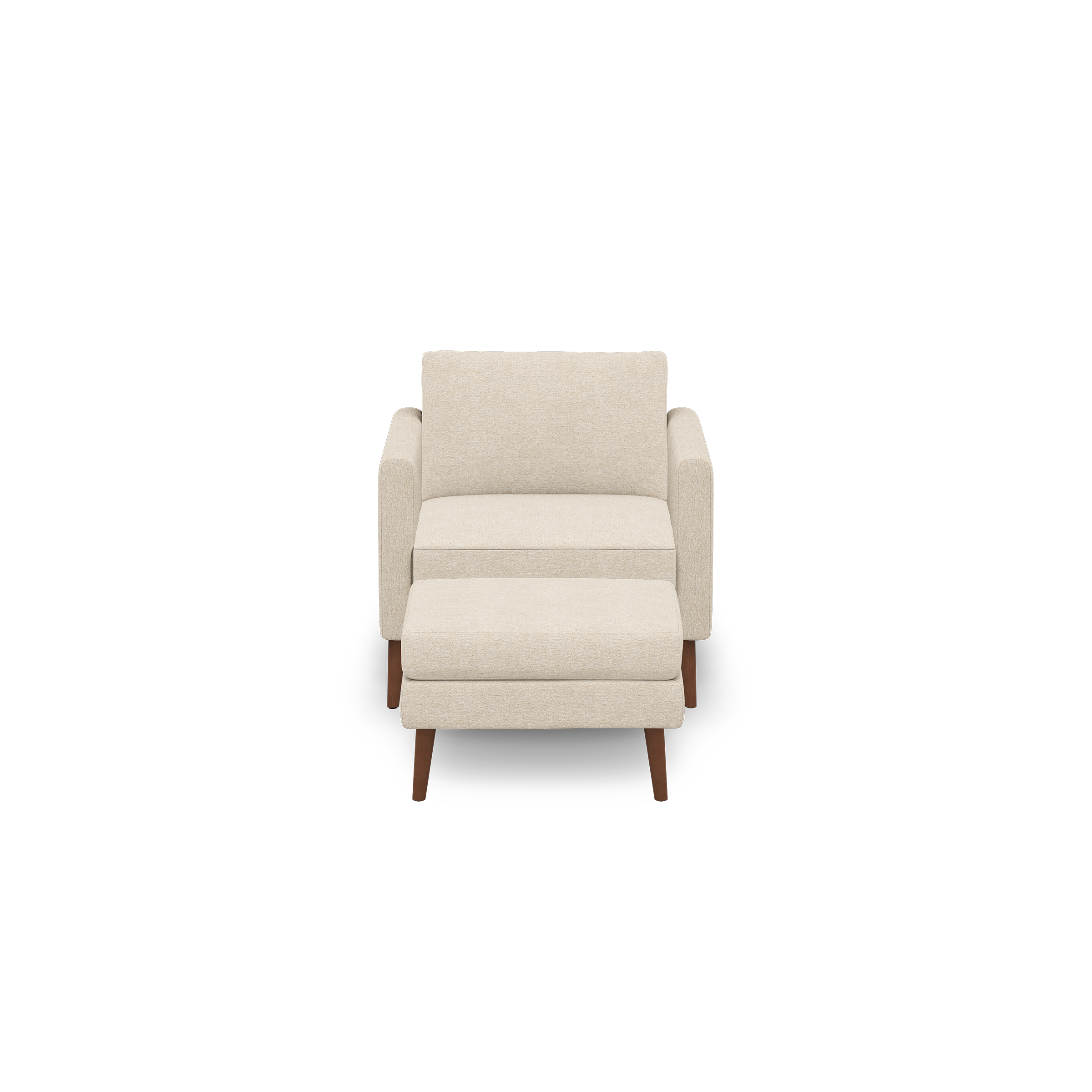 Beige upholstered armchair with matching ottoman, featuring wooden legs and a modern, minimalist design.