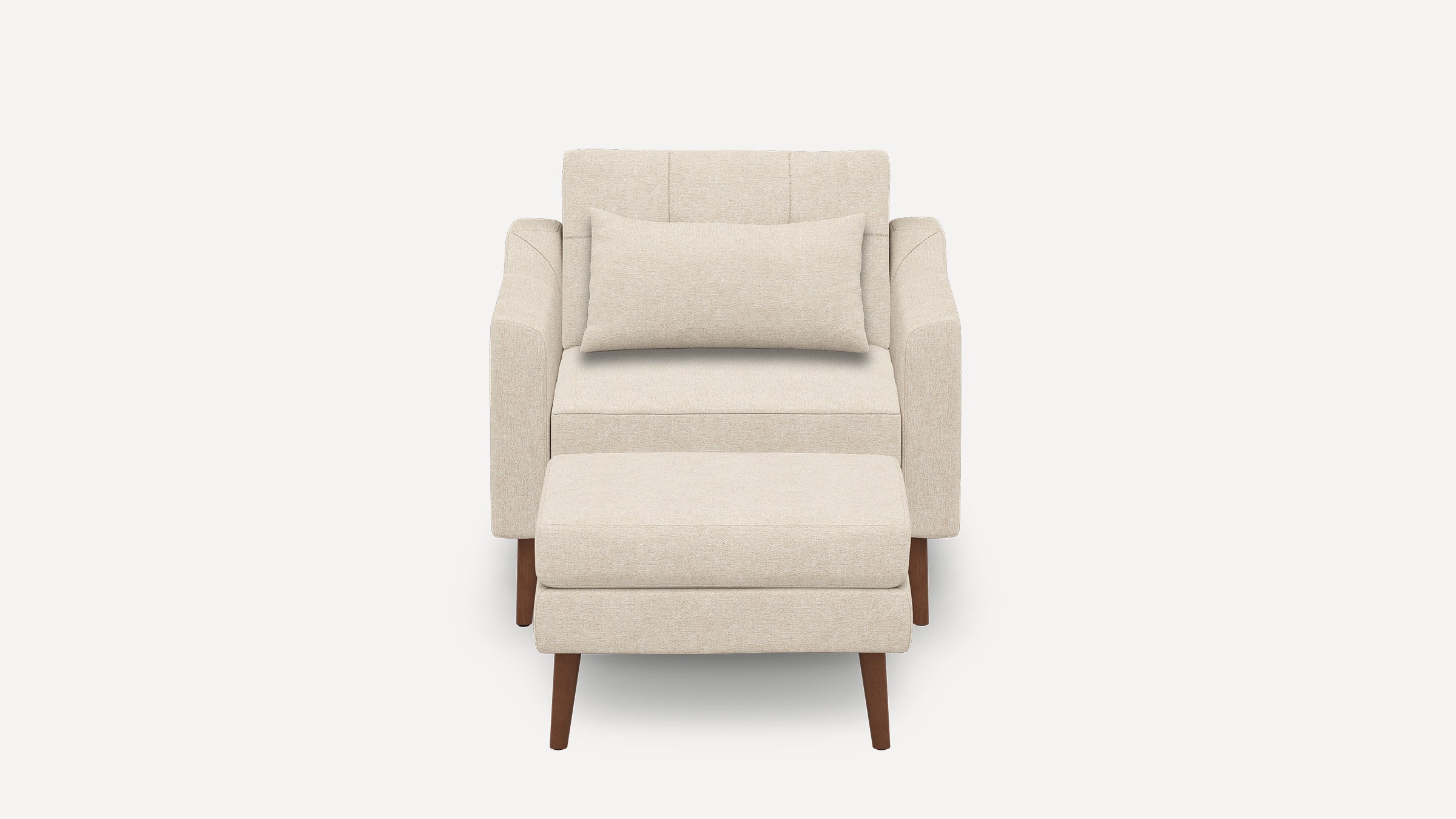 Beige upholstered armchair with matching rectangular cushion and ottoman, featuring wooden tapered legs on a white background.