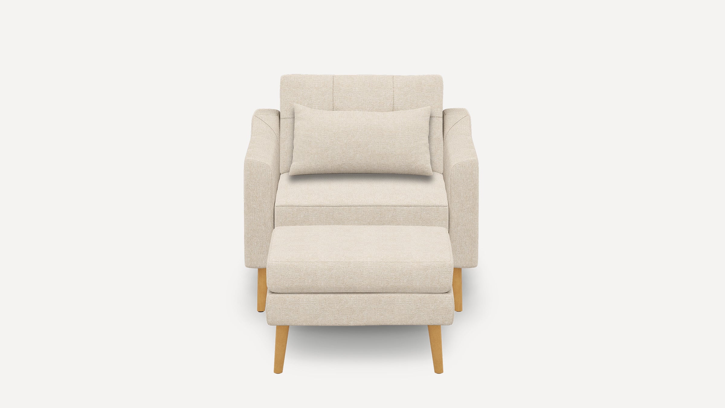 Front view of a beige upholstered armchair with a matching rectangular pillow and wooden legs on a white background.