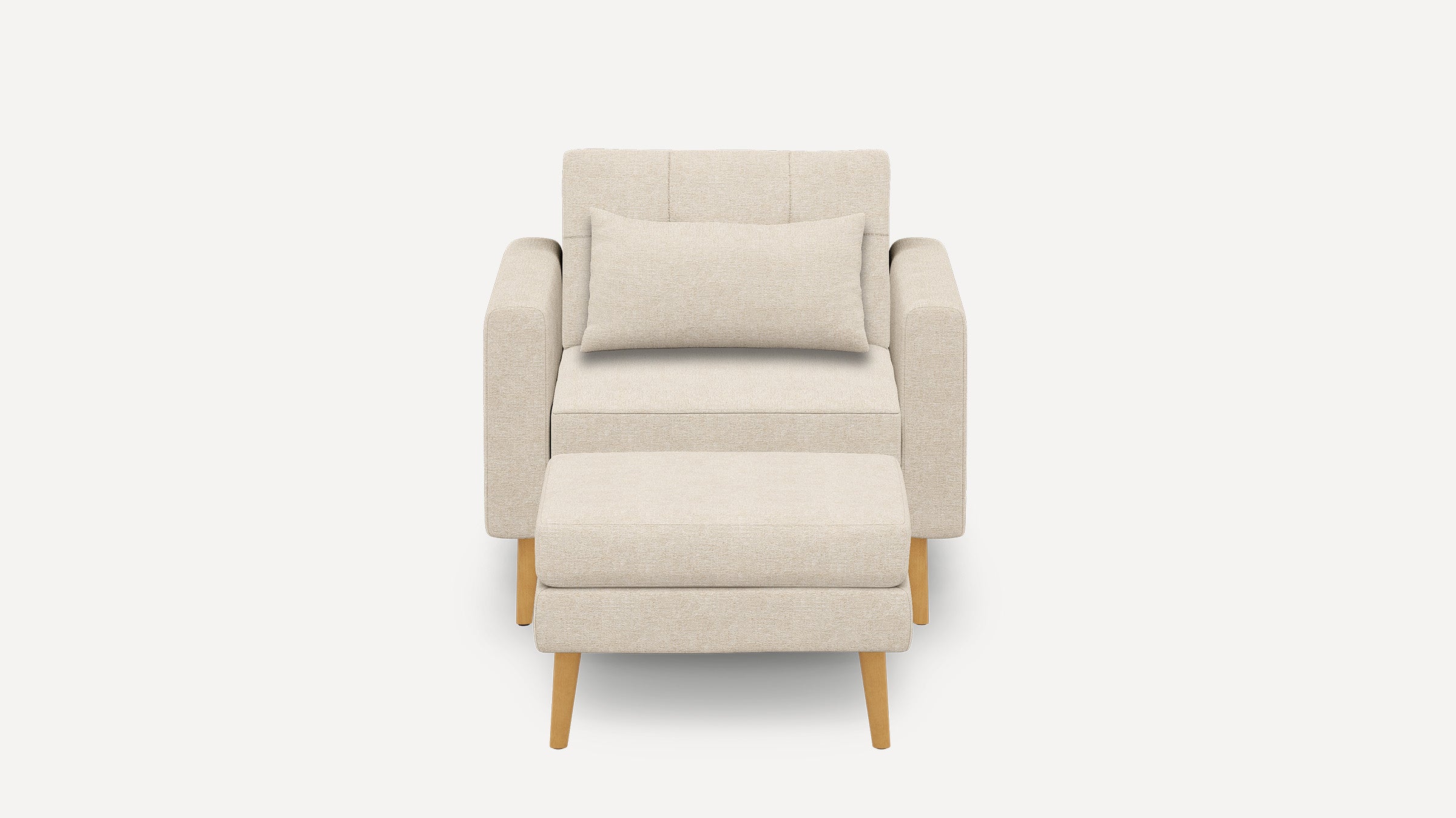 Front view of a beige upholstered armchair with matching rectangular lumbar pillow and ottoman, featuring light wooden tapered legs.
